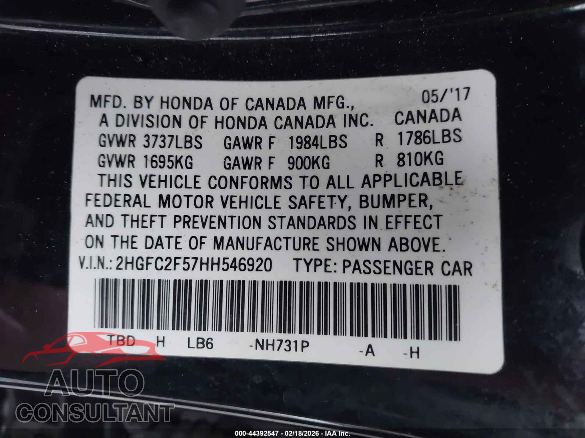 HONDA CIVIC 2017 - 2HGFC2F57HH546920