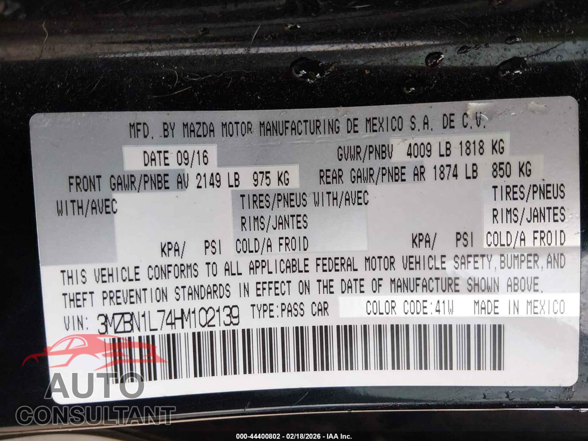 MAZDA MAZDA3 2017 - 3MZBN1L74HM102139