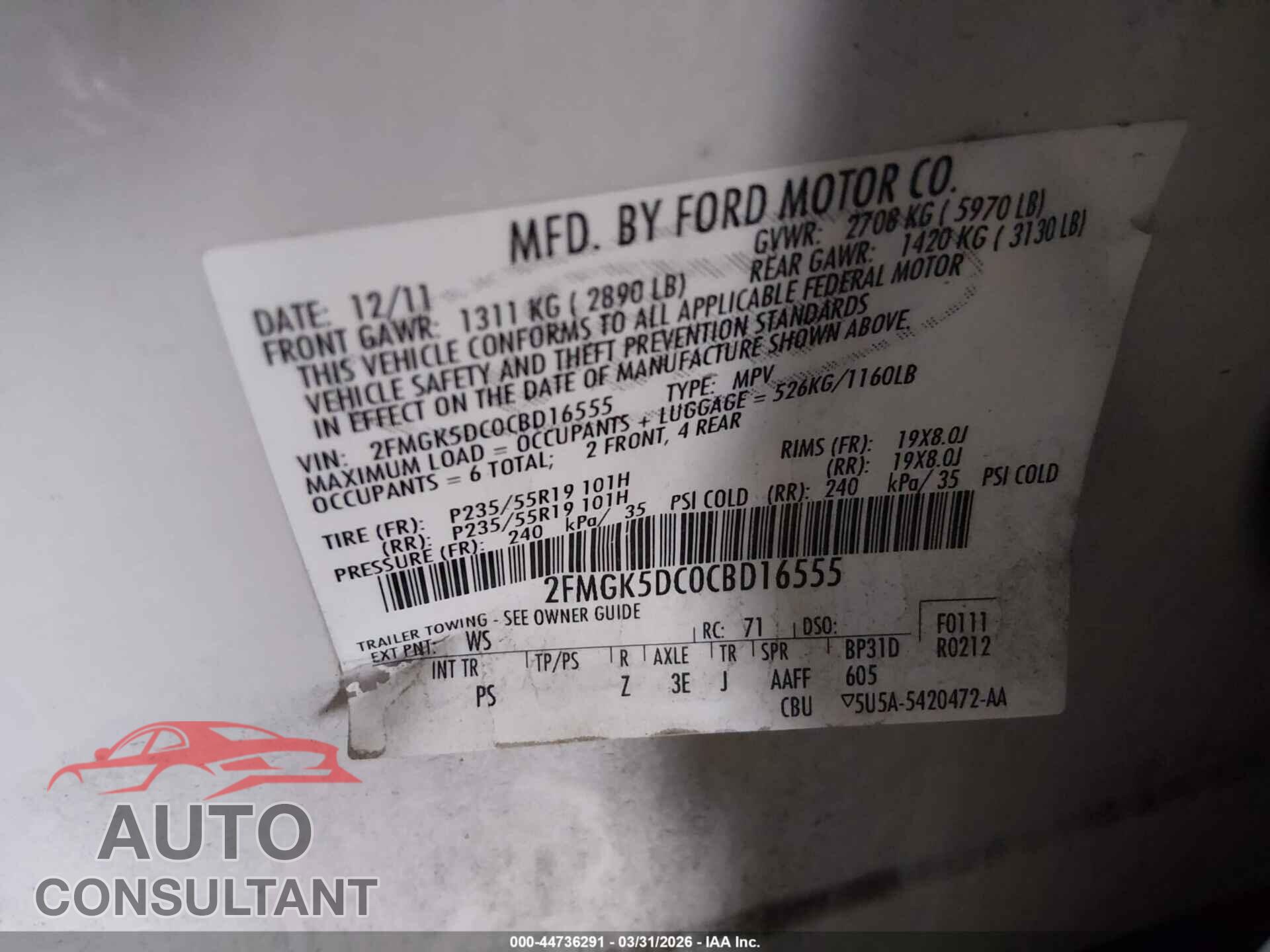 FORD FLEX 2012 - 2FMGK5DC0CBD16555