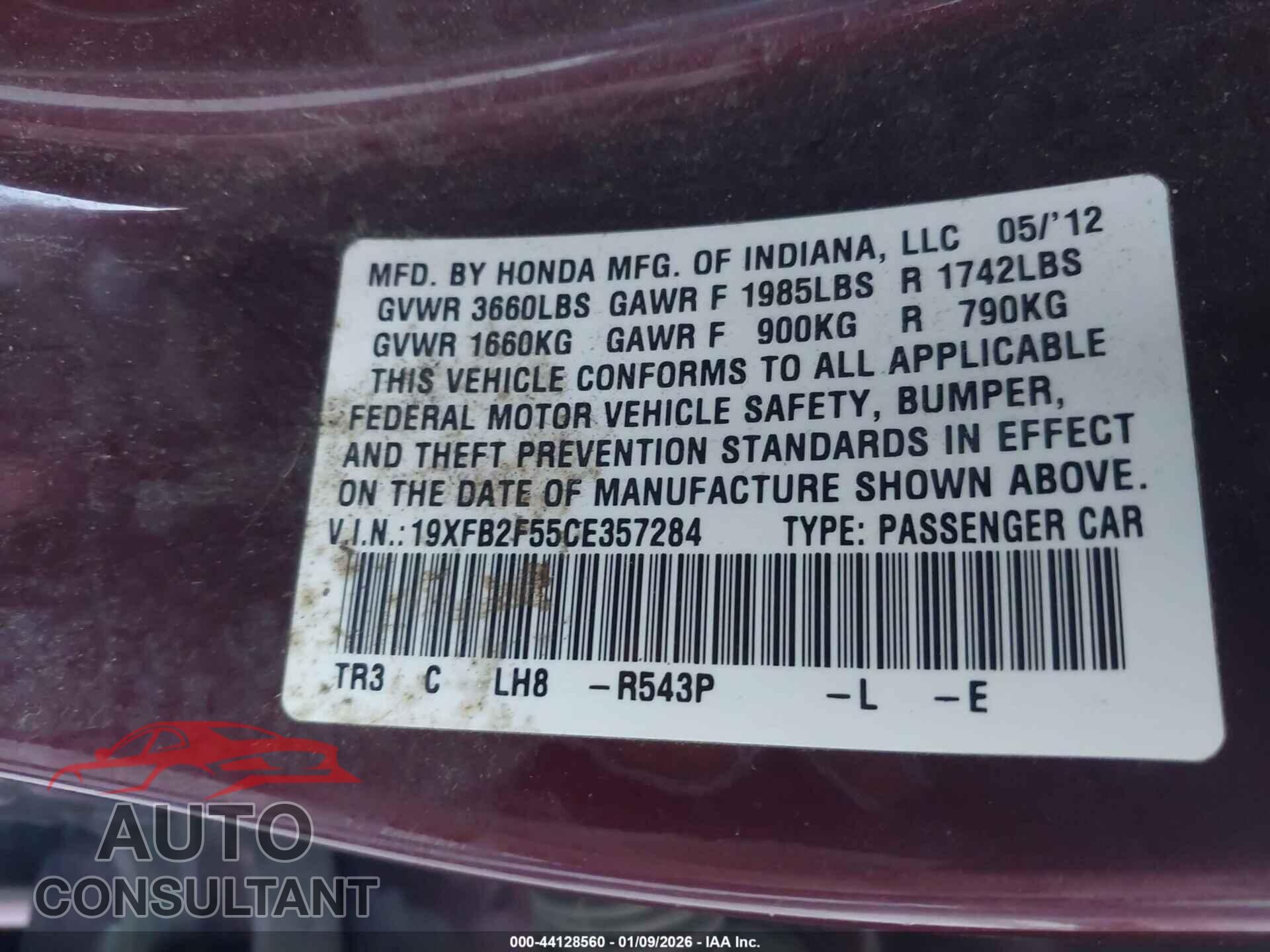 HONDA CIVIC 2012 - 19XFB2F55CE357284