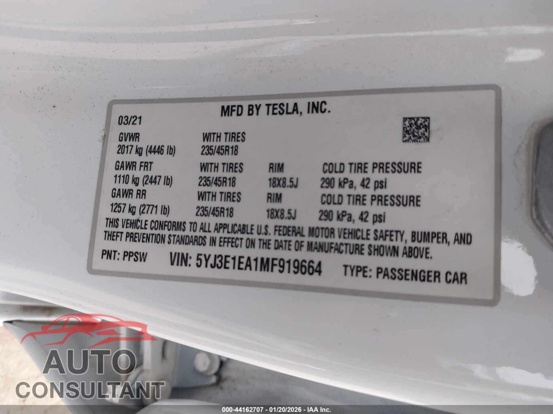 TESLA MODEL 3 2021 - 5YJ3E1EA1MF919664