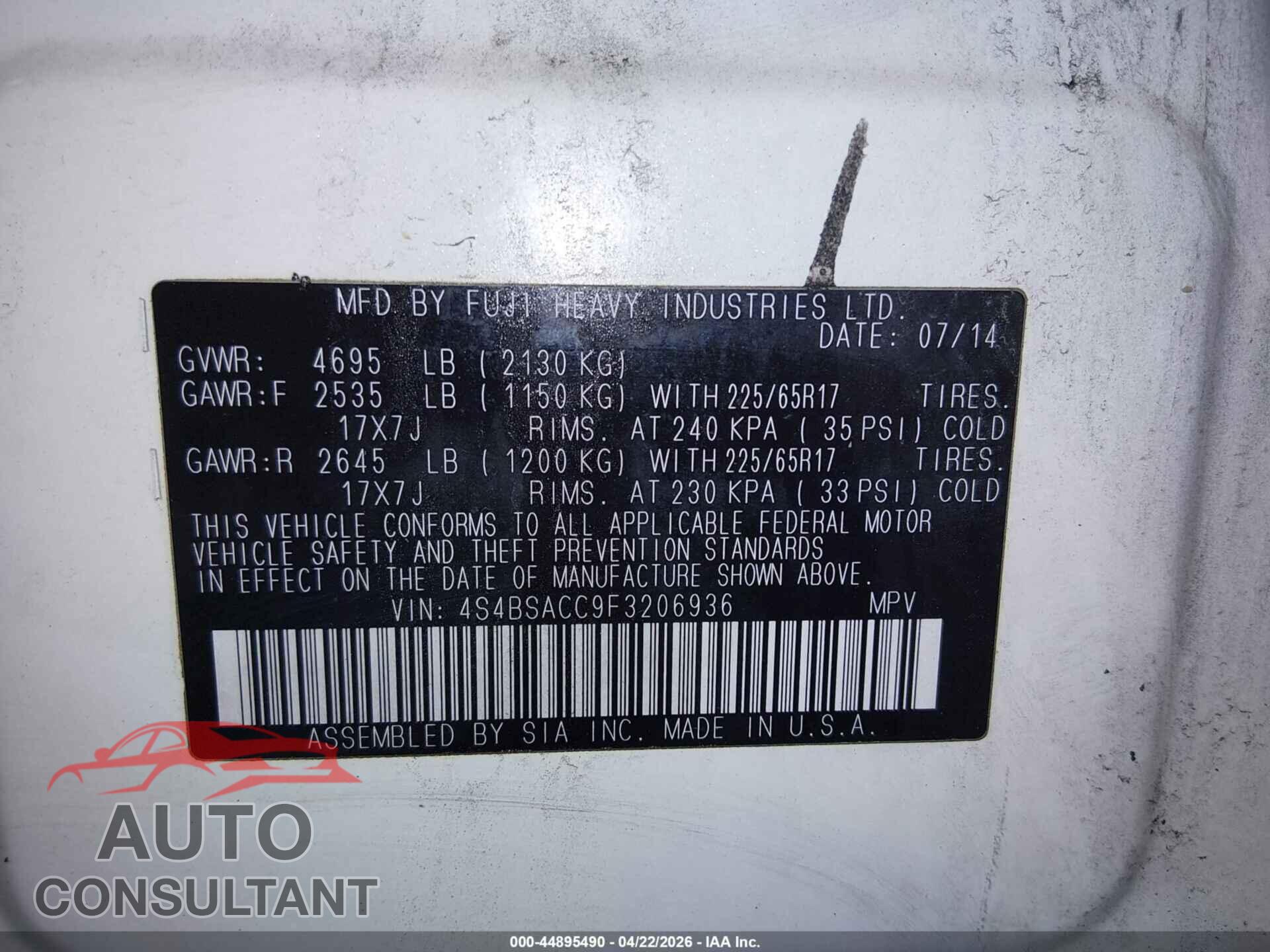 SUBARU OUTBACK 2015 - 4S4BSACC9F3206936