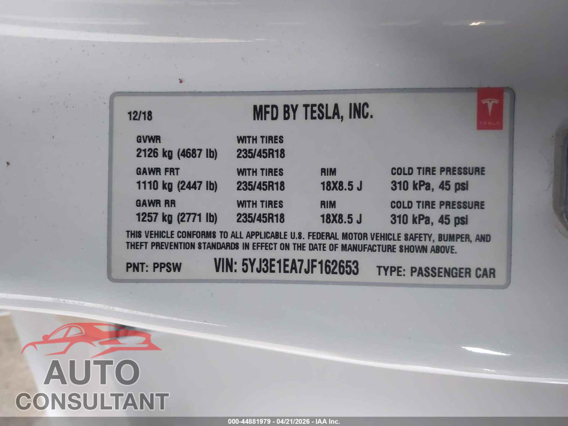 TESLA MODEL 3 2018 - 5YJ3E1EA7JF162653