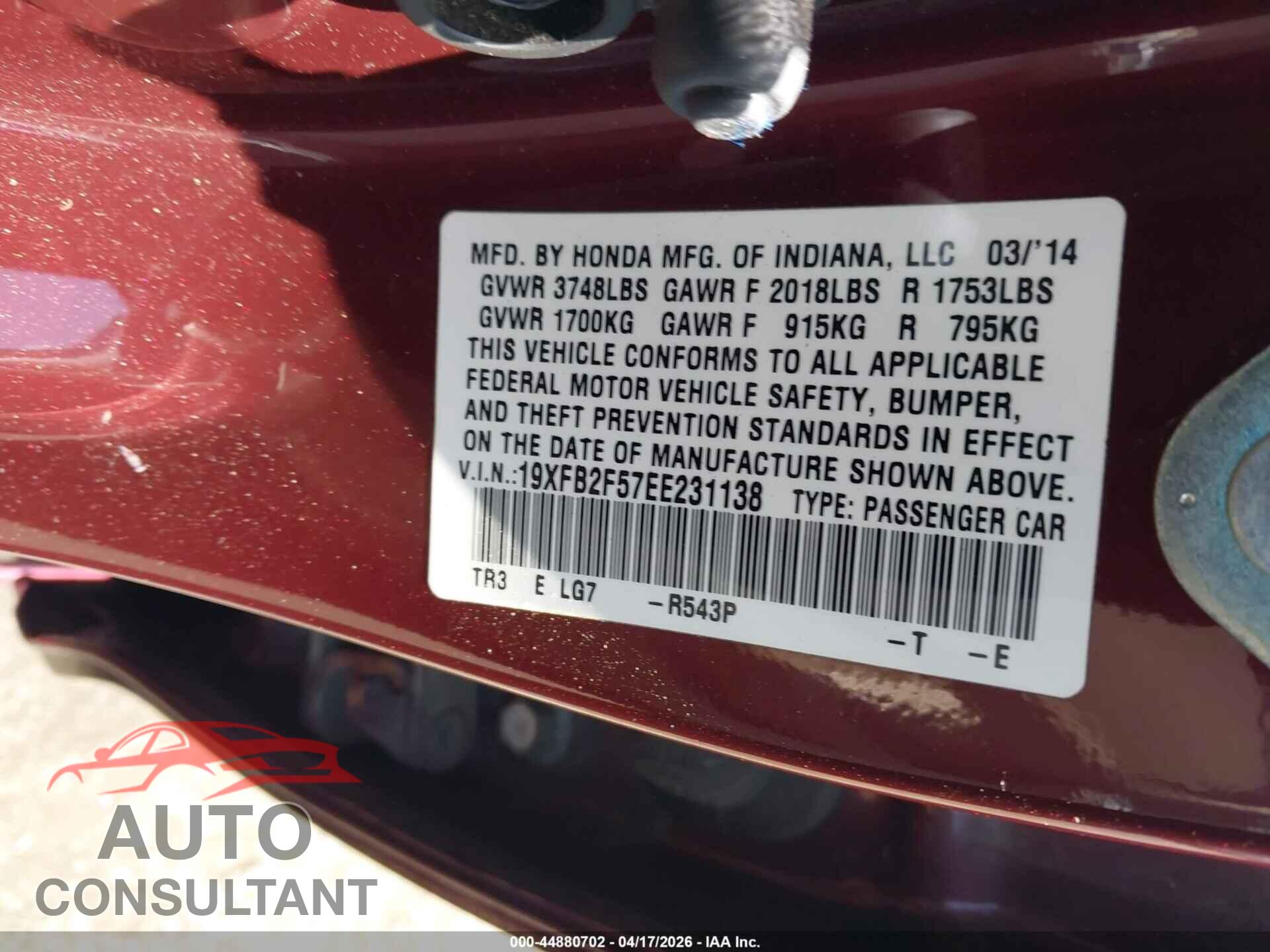 HONDA CIVIC 2014 - 19XFB2F57EE231138