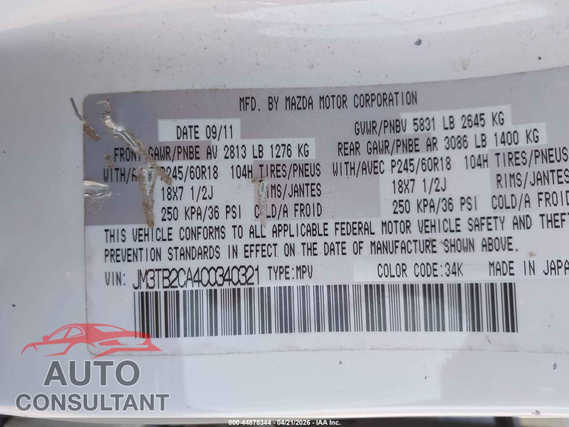MAZDA CX-9 2012 - JM3TB2CA4C0340321