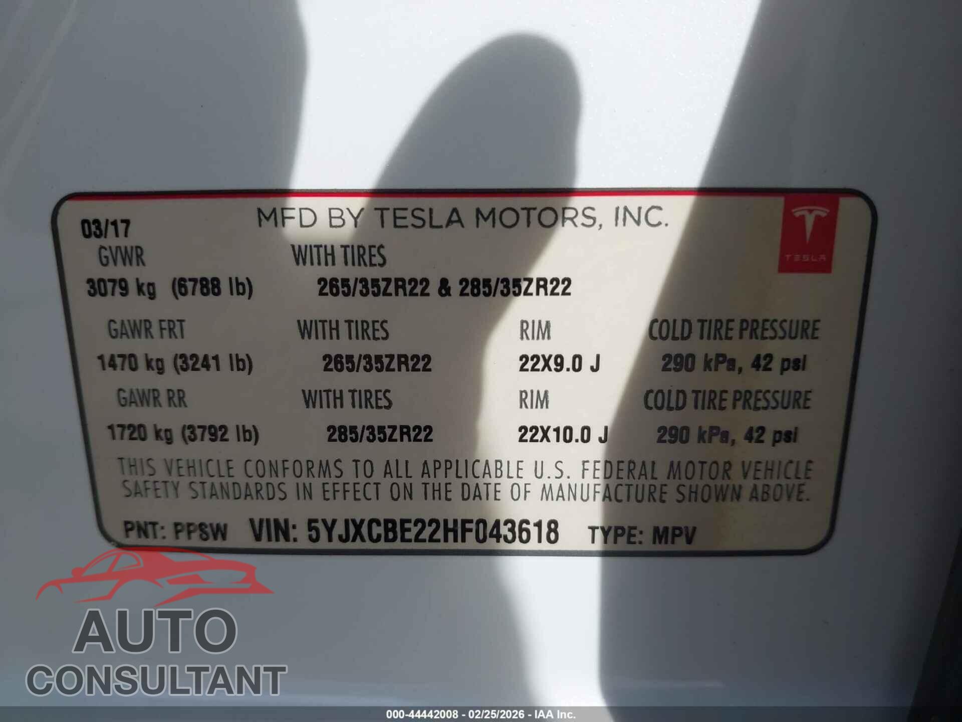 TESLA MODEL X 2017 - 5YJXCBE22HF043618