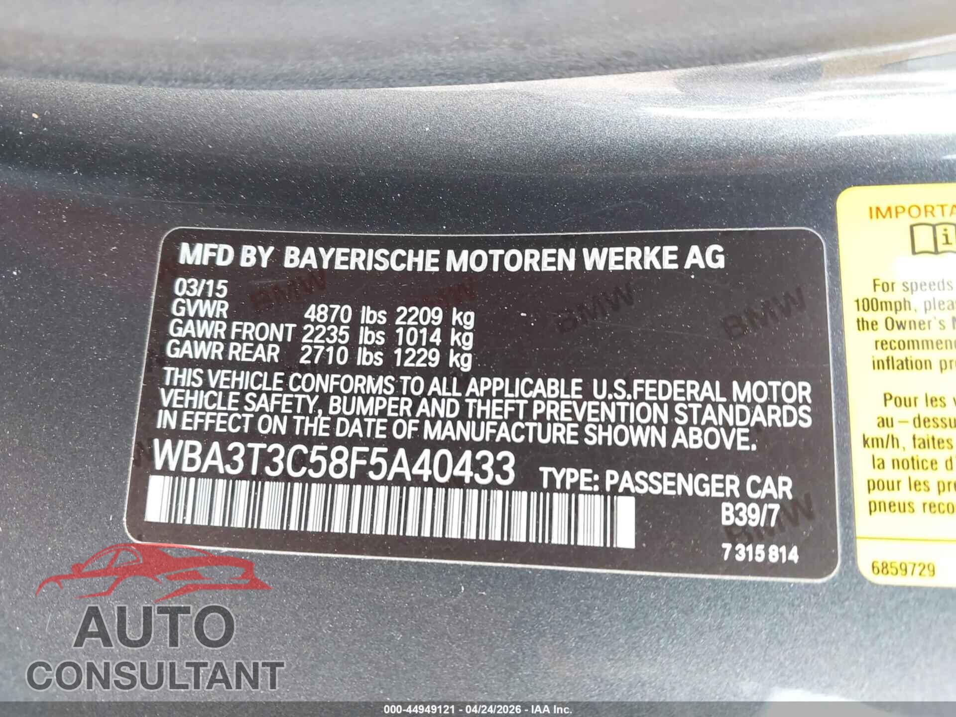 BMW 435I 2015 - WBA3T3C58F5A40433