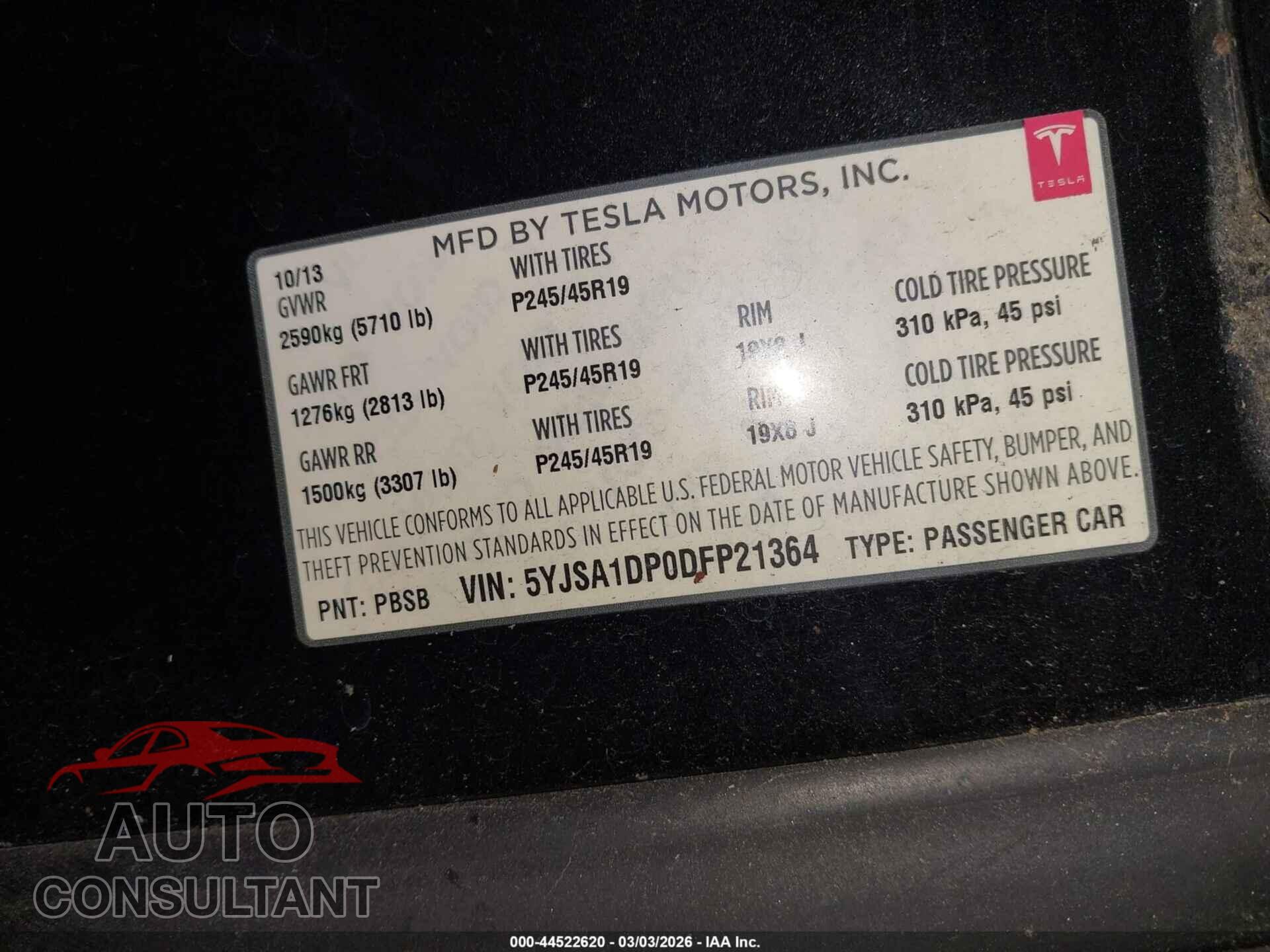 TESLA MODEL S 2013 - 5YJSA1DP0DFP21364