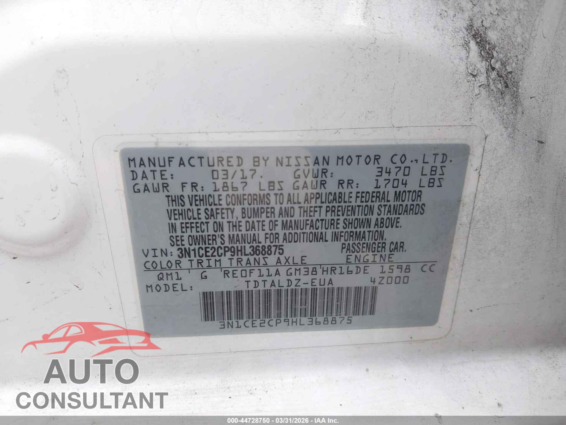 NISSAN VERSA NOTE 2017 - 3N1CE2CP9HL368875