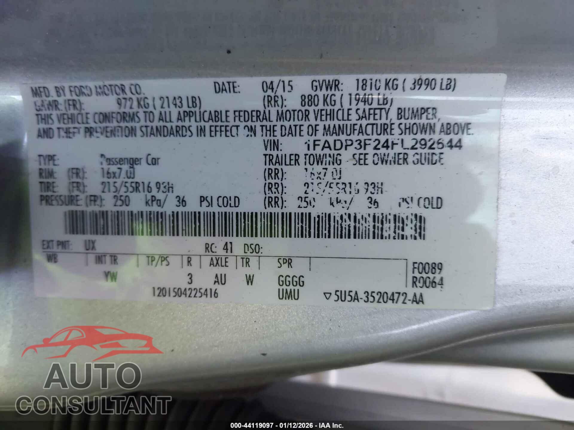 FORD FOCUS 2015 - 1FADP3F24FL292644
