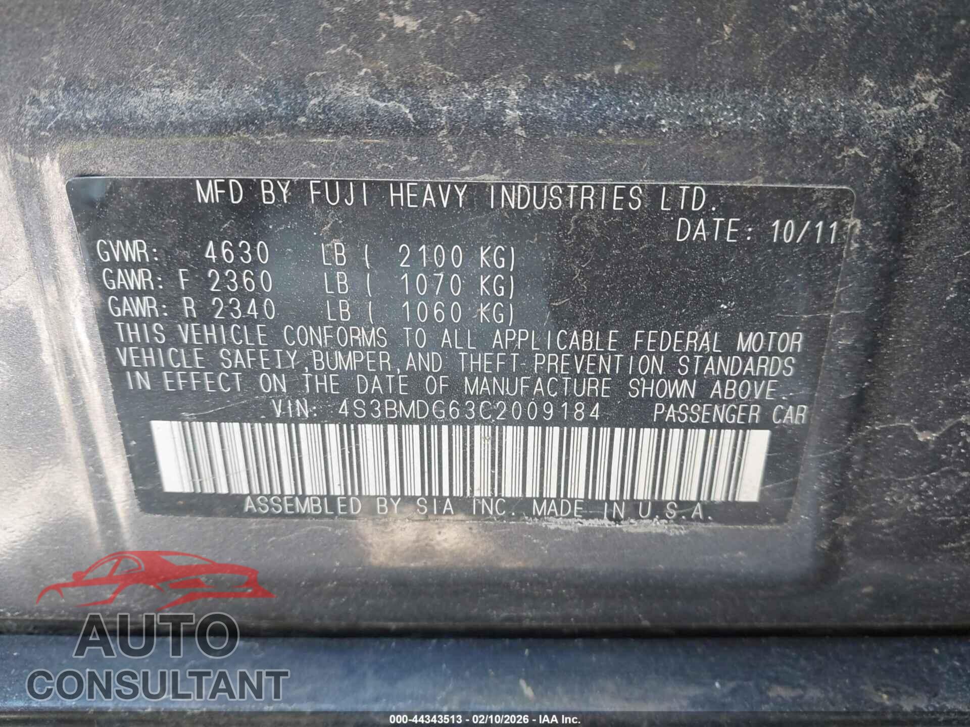 SUBARU LEGACY 2012 - 4S3BMDG63C2009184