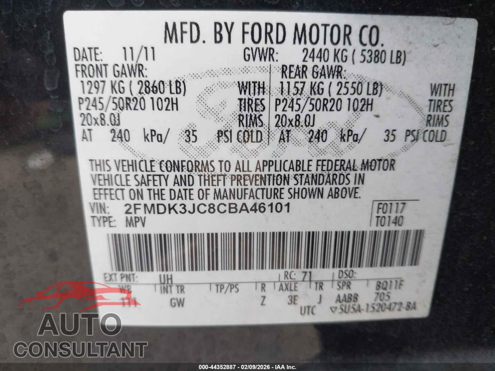 FORD EDGE 2012 - 2FMDK3JC8CBA46101