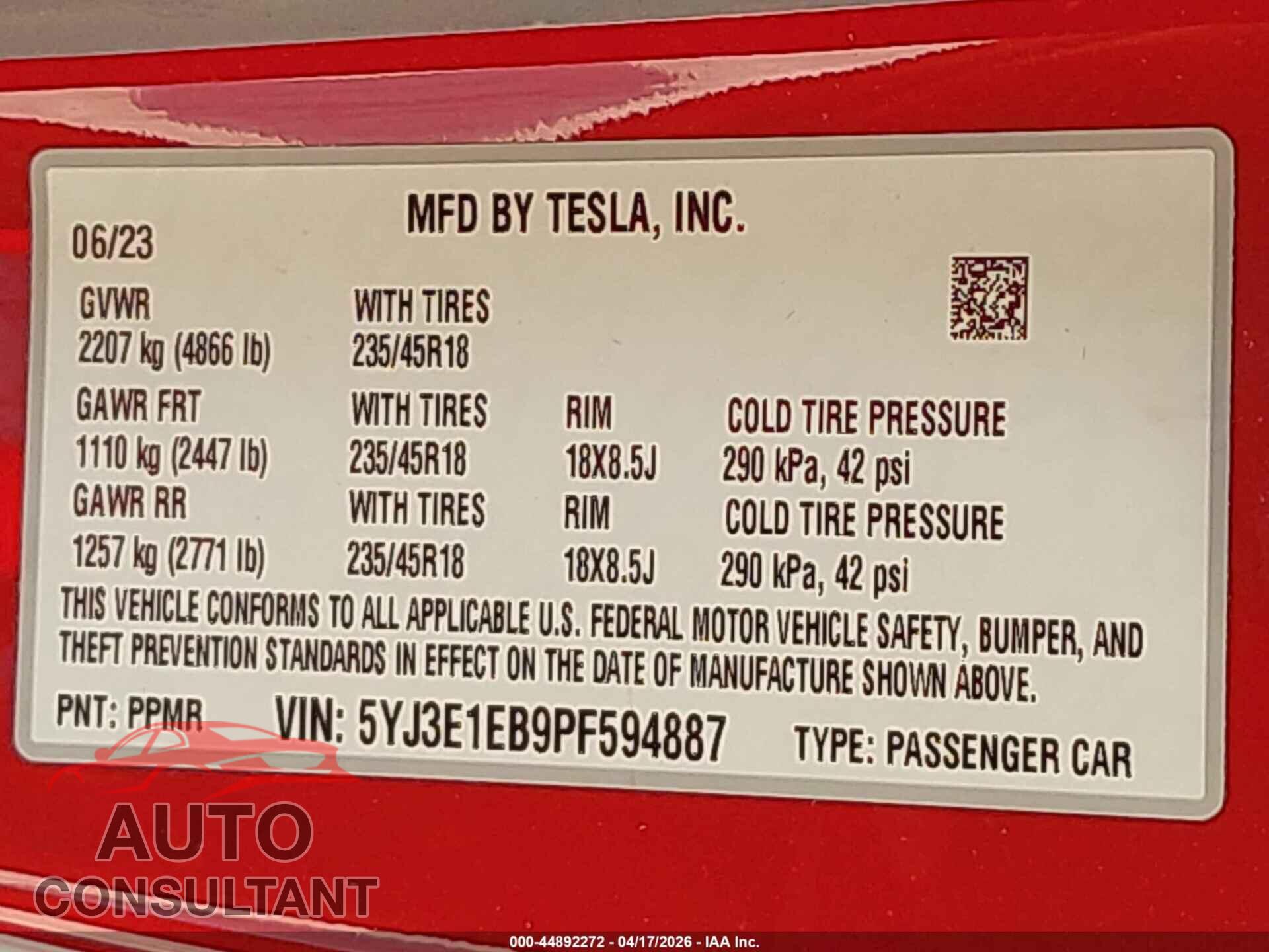 TESLA MODEL 3 2023 - 5YJ3E1EB9PF594887