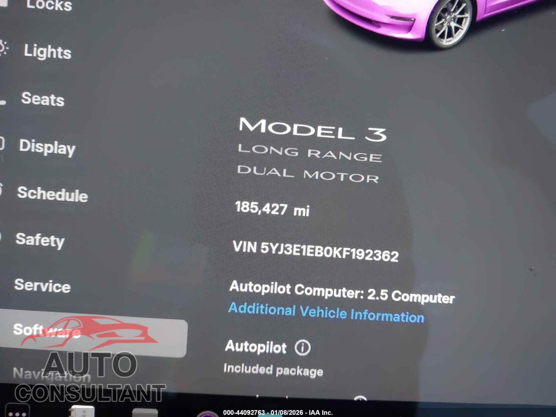 TESLA MODEL 3 2019 - 5YJ3E1EB0KF192362