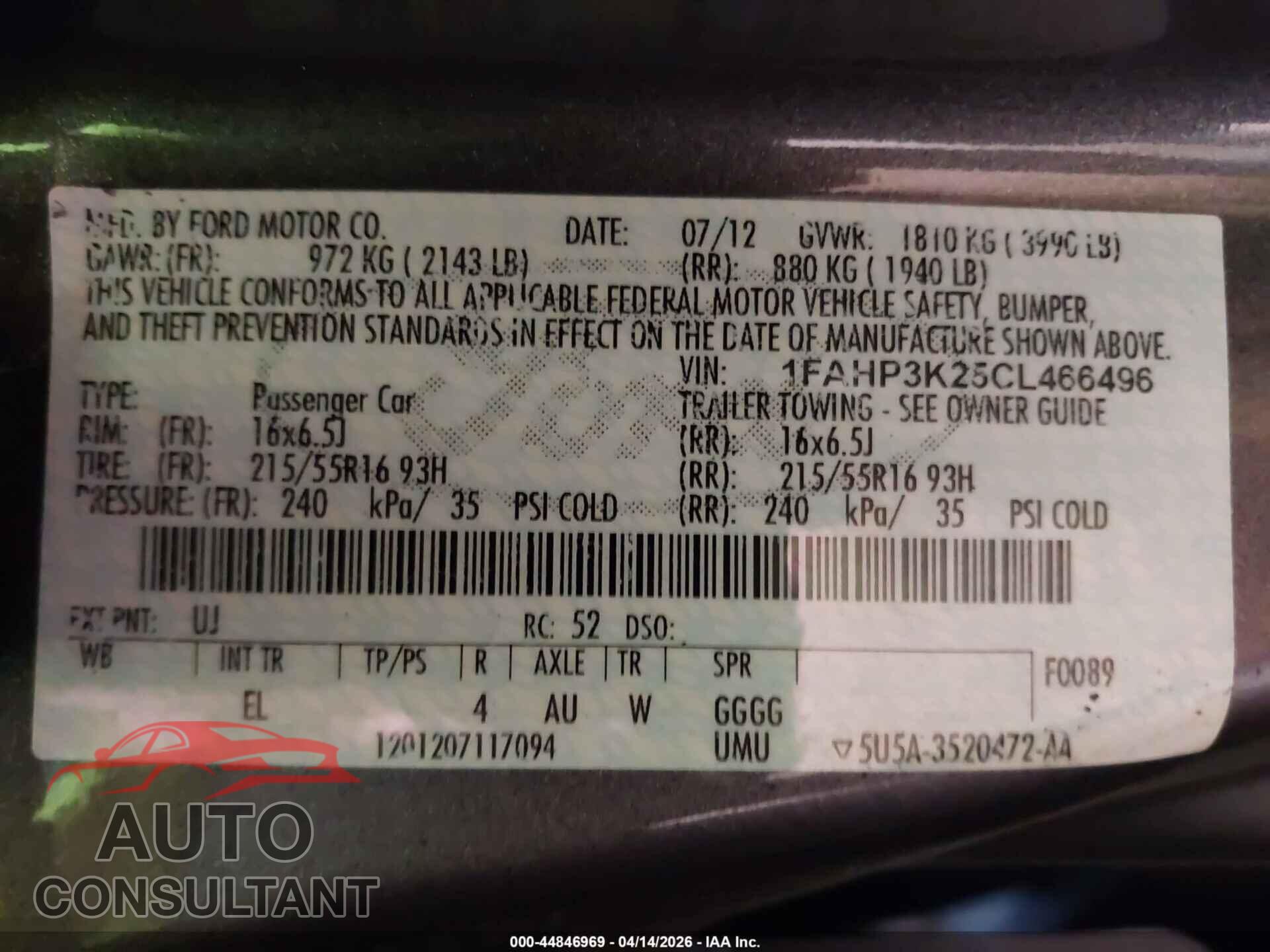 FORD FOCUS 2012 - 1FAHP3K25CL466496