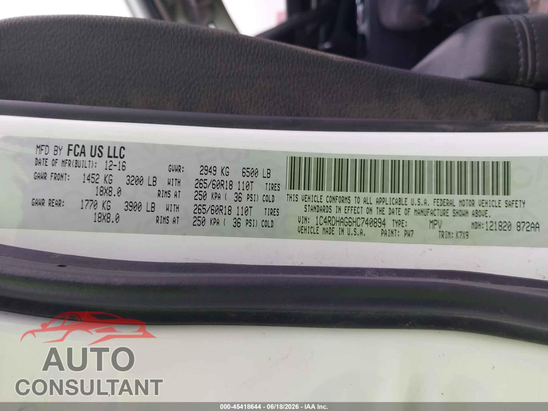 DODGE DURANGO 2017 - 1C4RDHAG6HC740894
