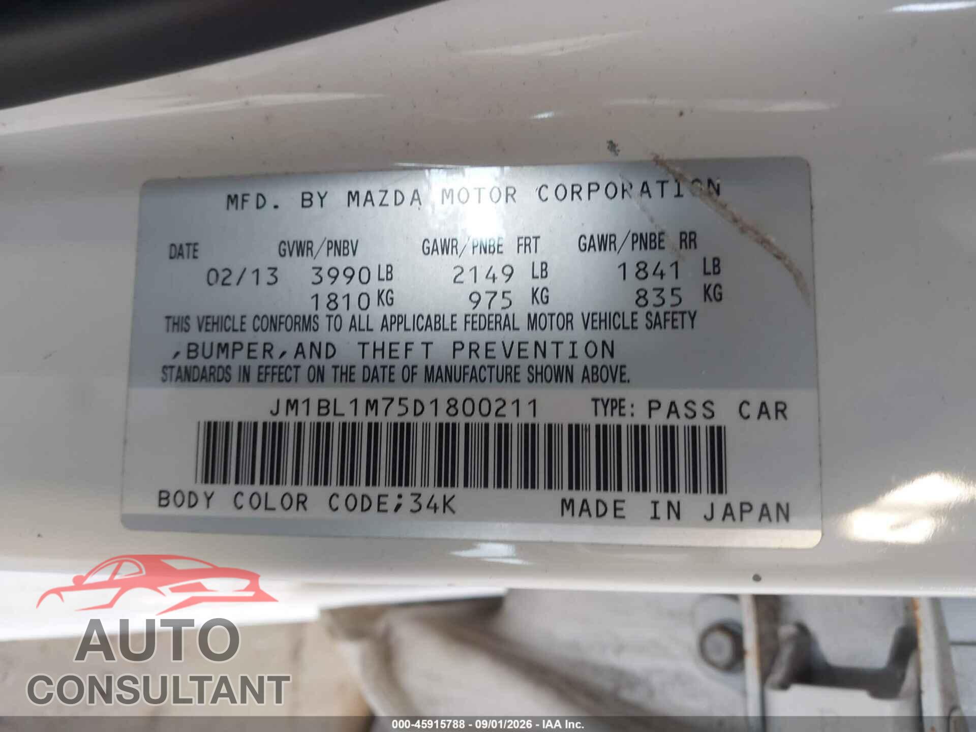 MAZDA MAZDA3 2013 - JM1BL1M75D1800211