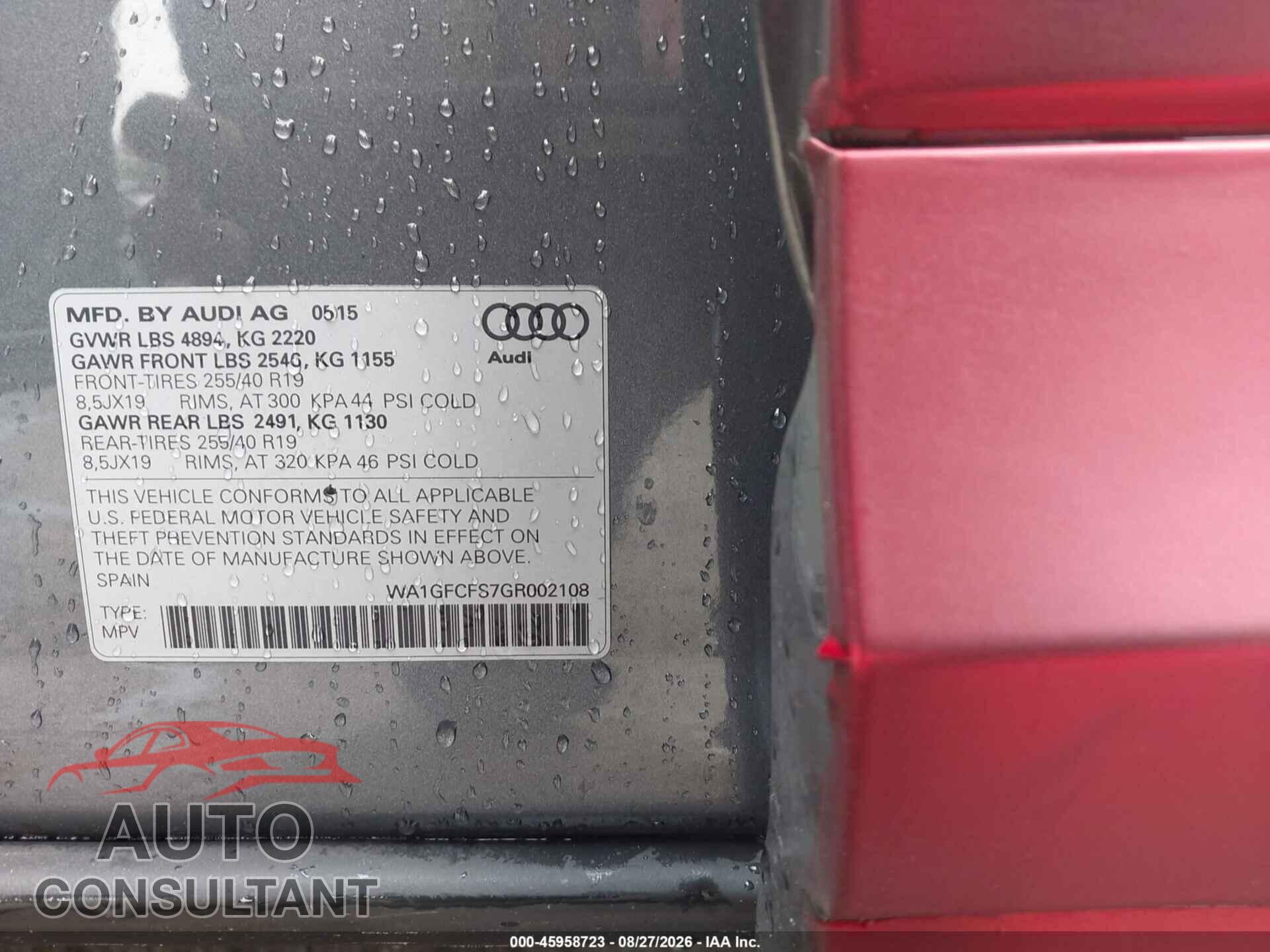 AUDI Q3 2016 - WA1GFCFS7GR002108