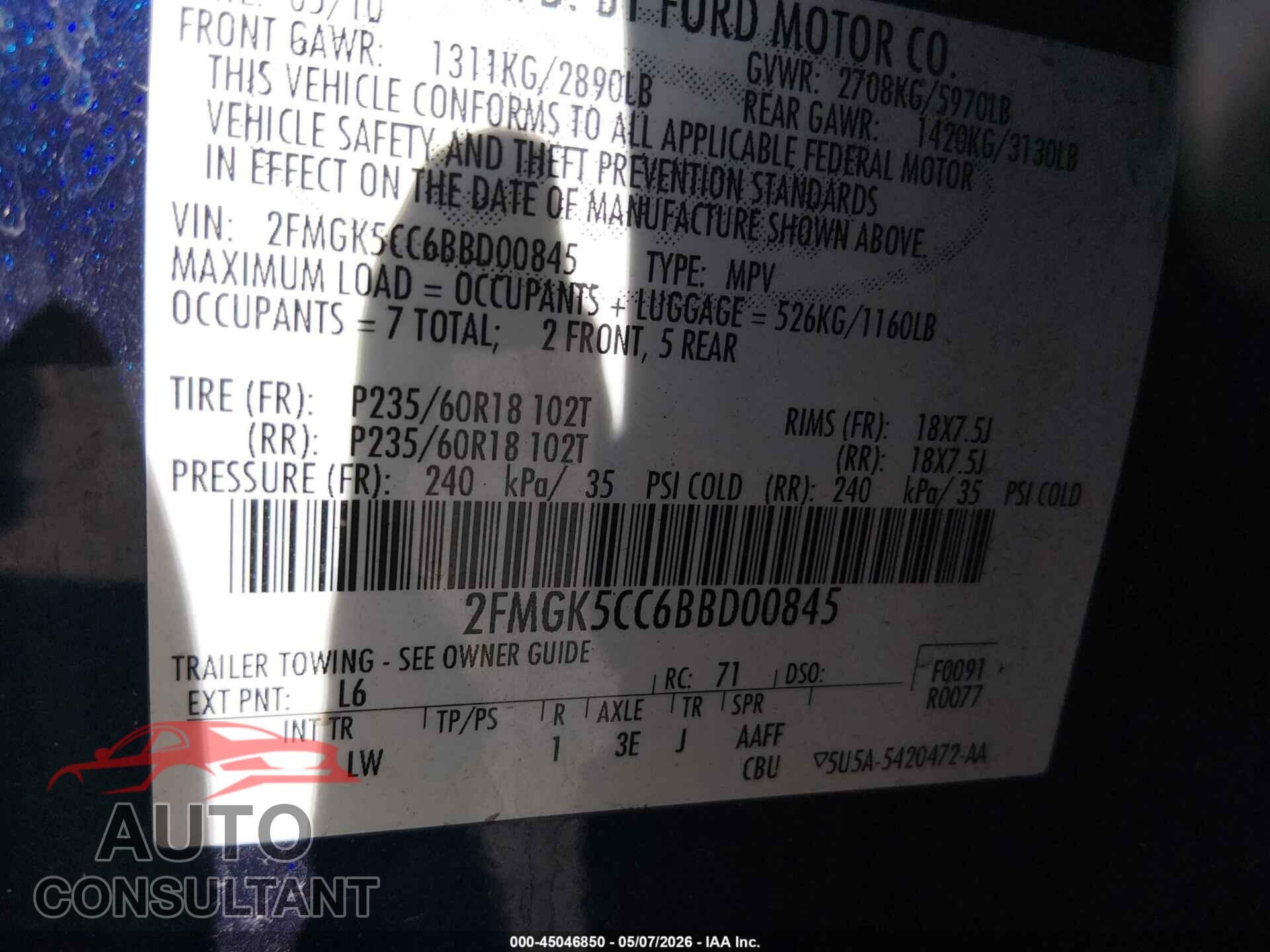FORD FLEX 2011 - 2FMGK5CC6BBD00845