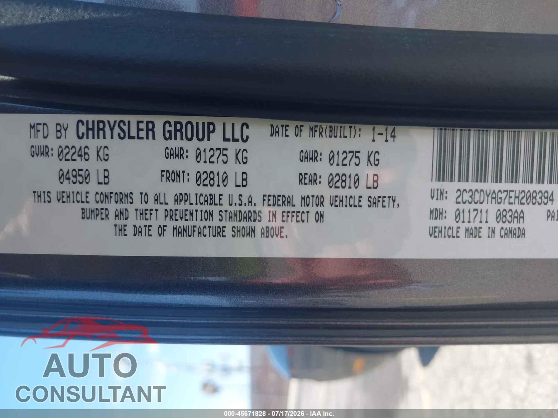 DODGE CHALLENGER 2014 - 2C3CDYAG7EH208394