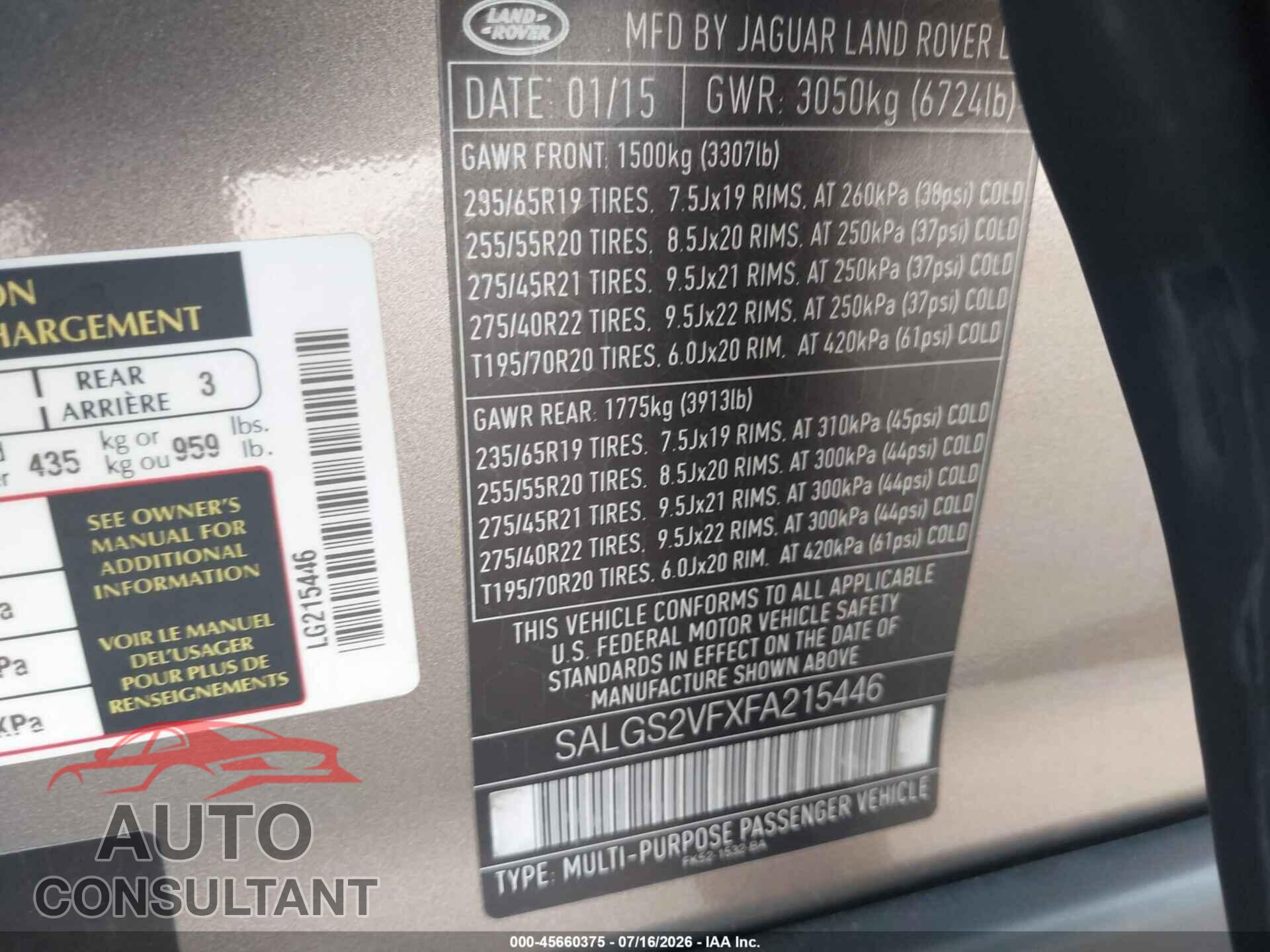 LAND ROVER RANGE ROVER 2015 - SALGS2VFXFA215446