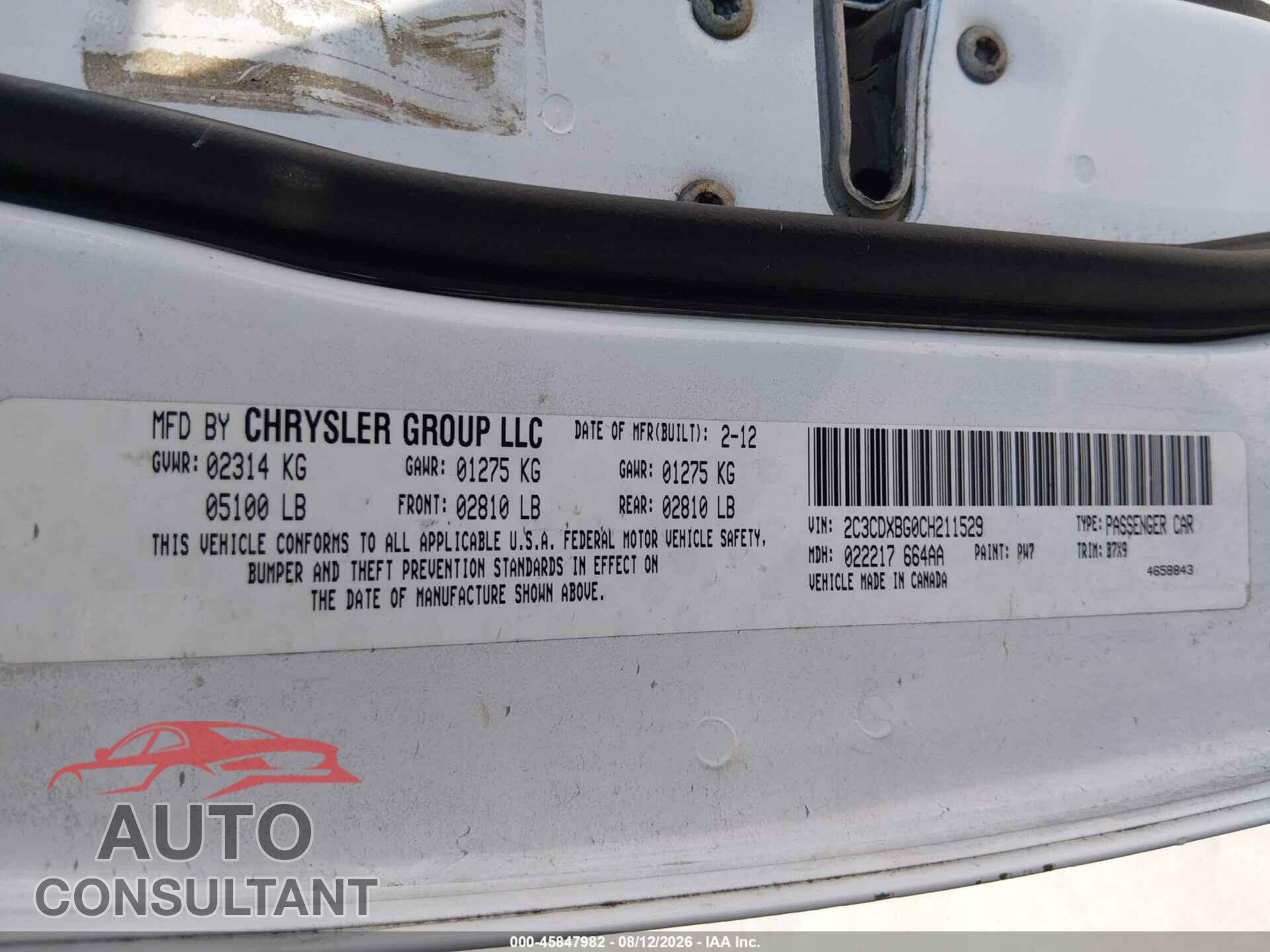 DODGE CHARGER 2012 - 2C3CDXBG0CH211529