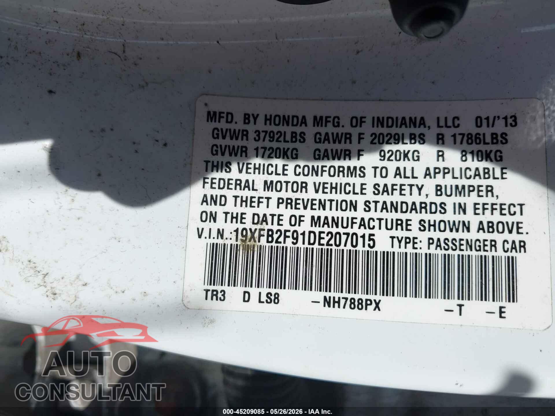 HONDA CIVIC 2013 - 19XFB2F91DE207015
