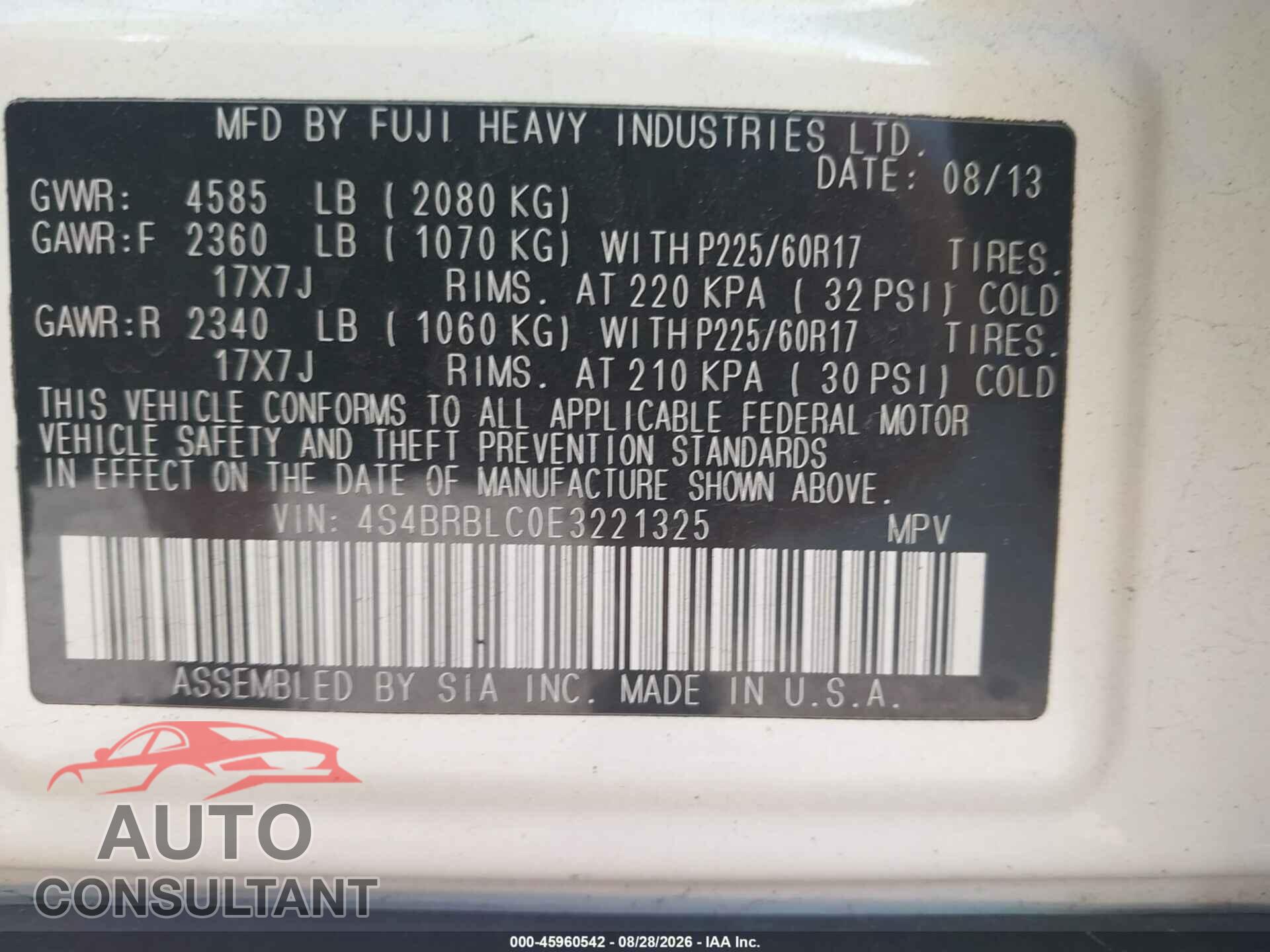 SUBARU OUTBACK 2014 - 4S4BRBLC0E3221325