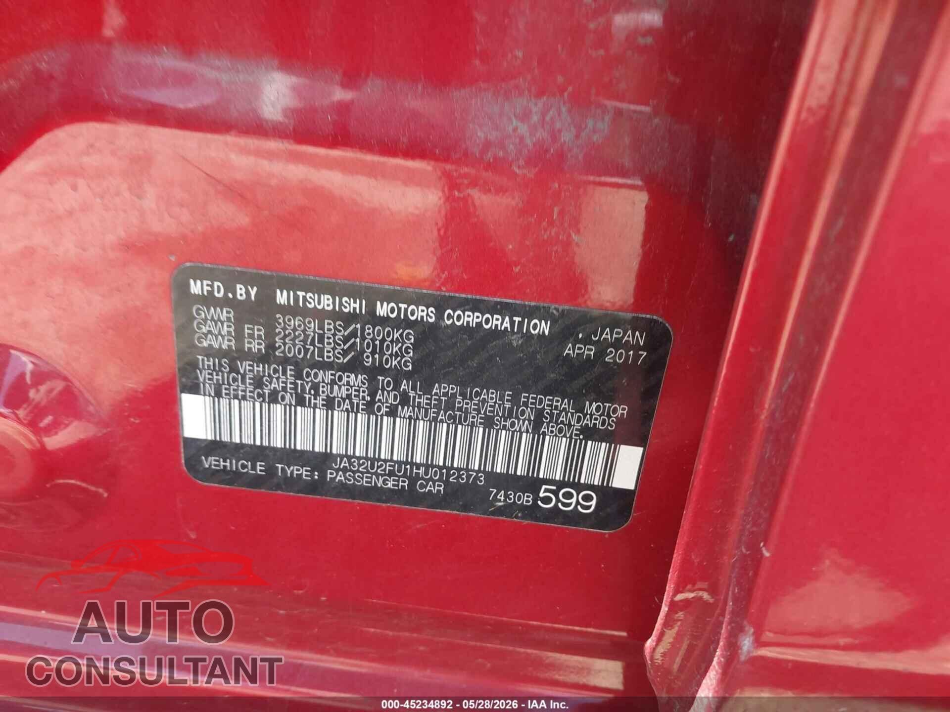 MITSUBISHI LANCER 2017 - JA32U2FU1HU012373