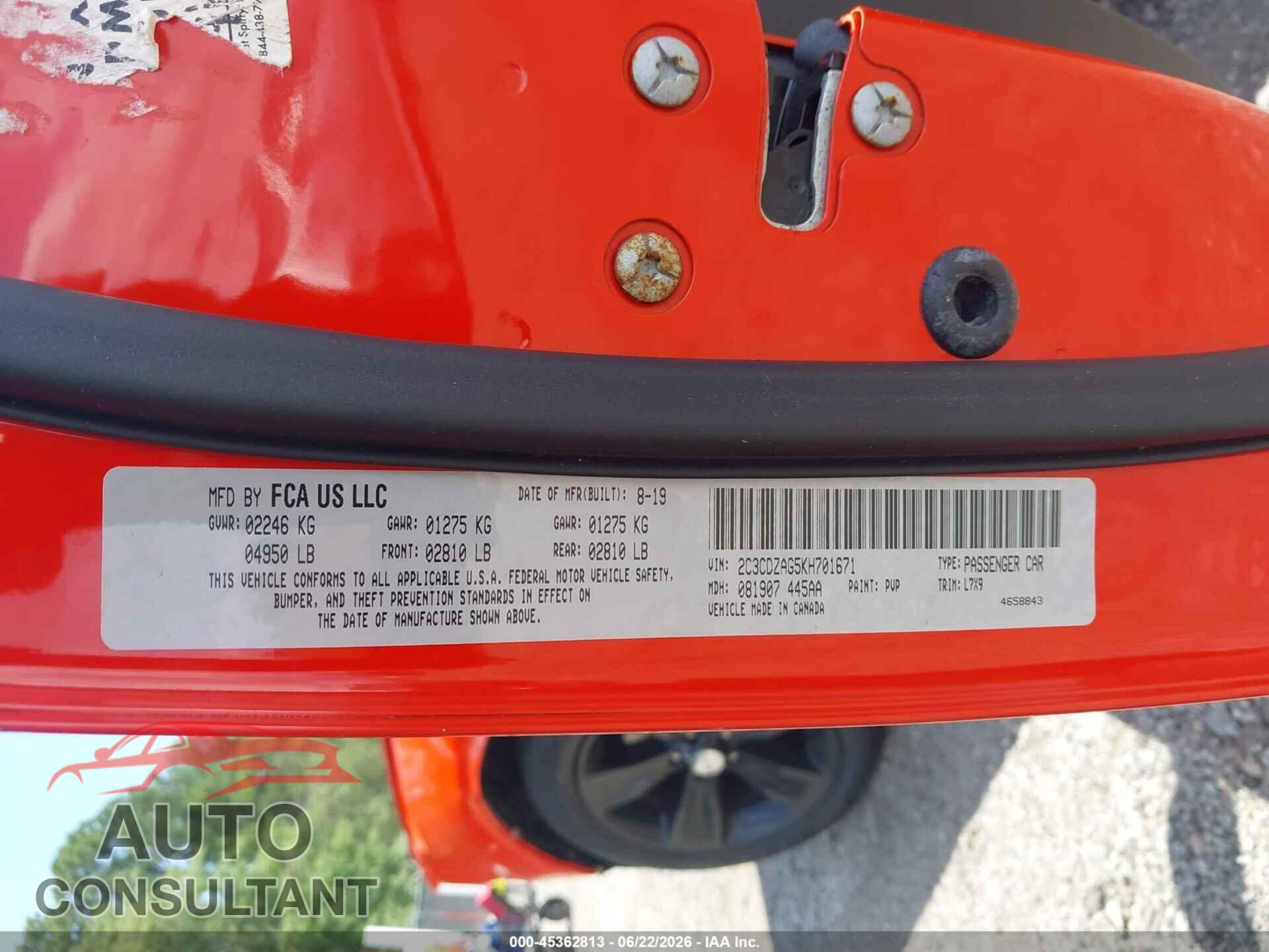 DODGE CHALLENGER 2019 - 2C3CDZAG5KH701671