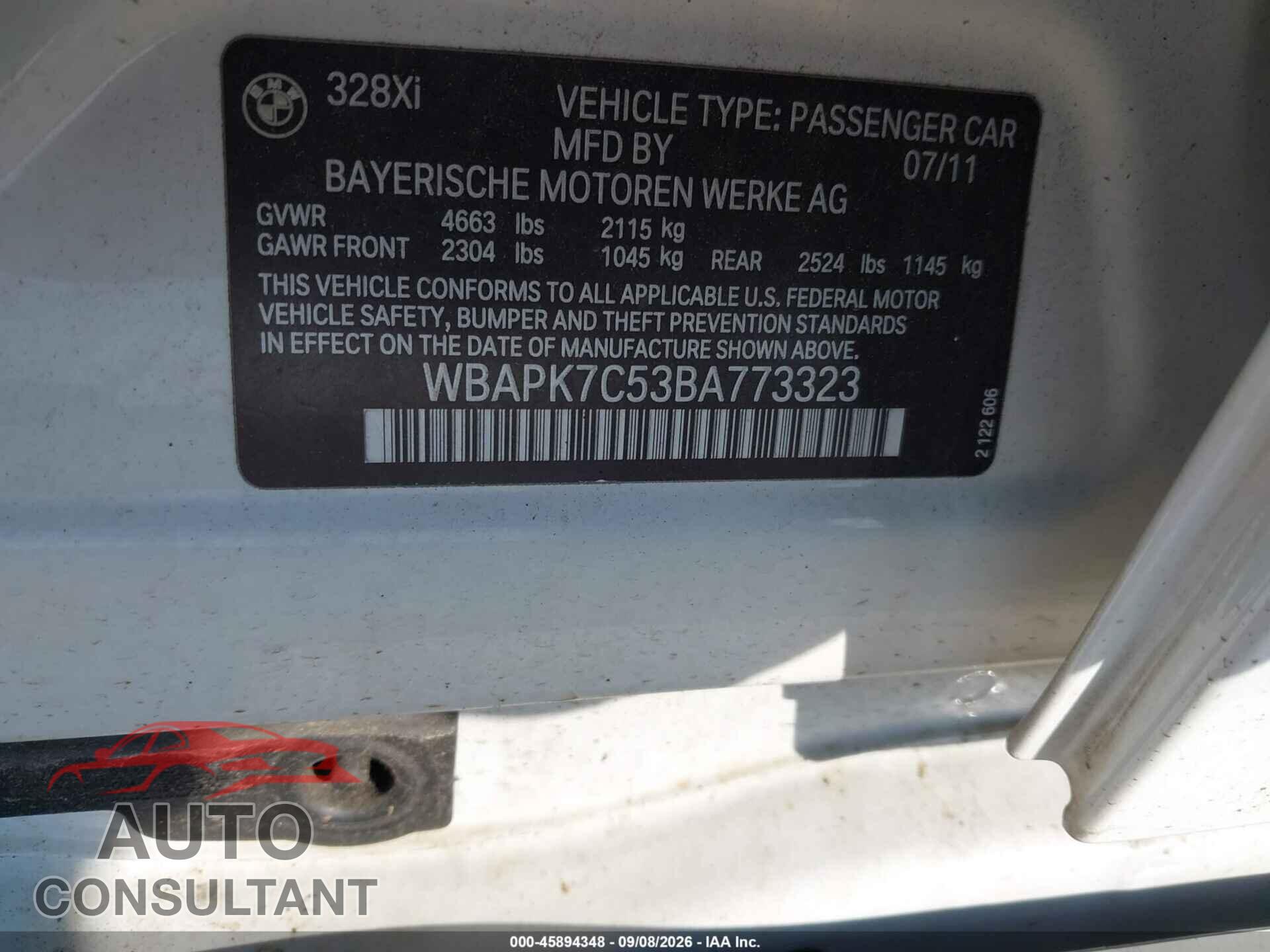 BMW 328I 2011 - WBAPK7C53BA773323
