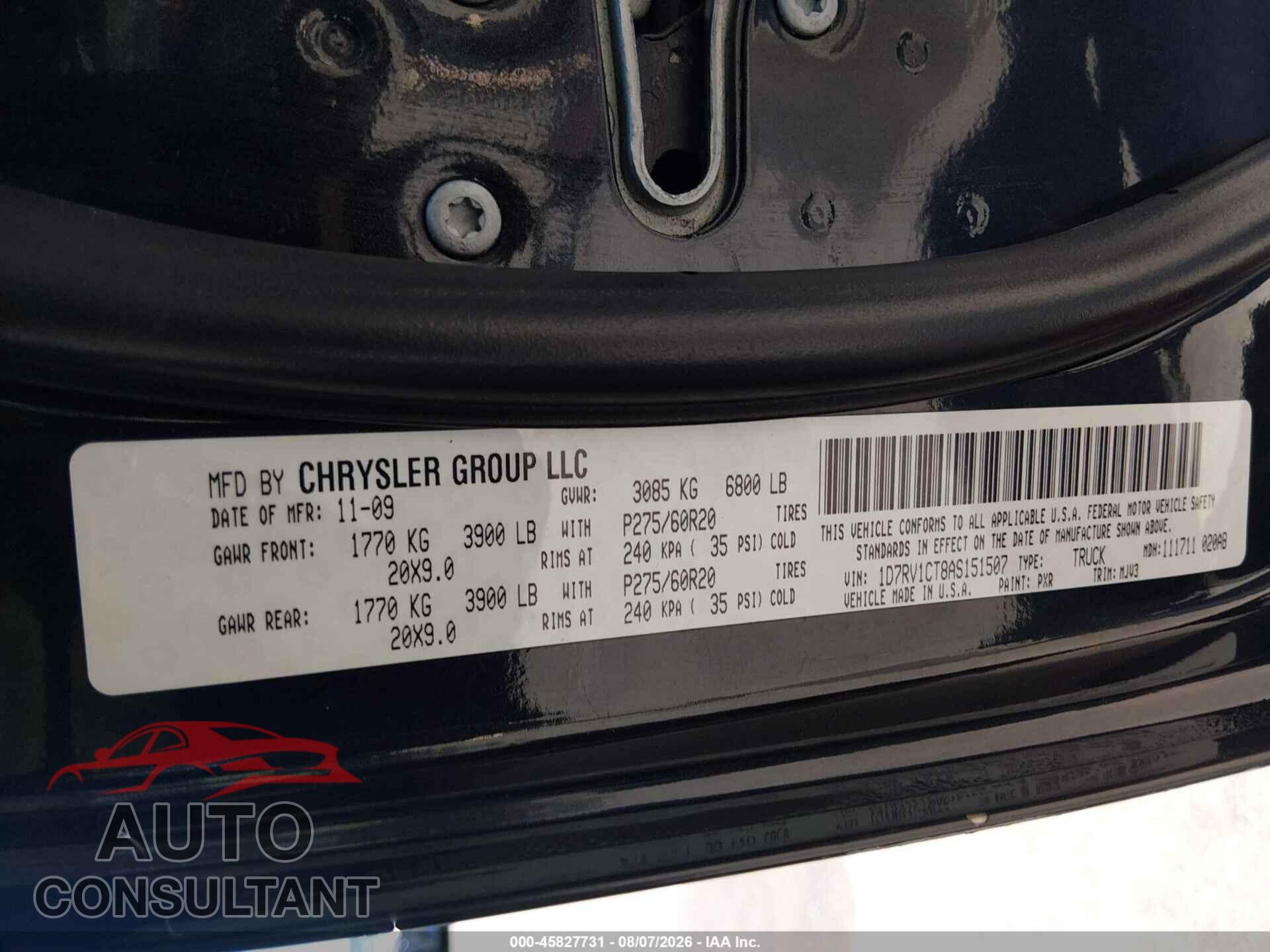 DODGE RAM 1500 2010 - 1D7RV1CT8AS151507