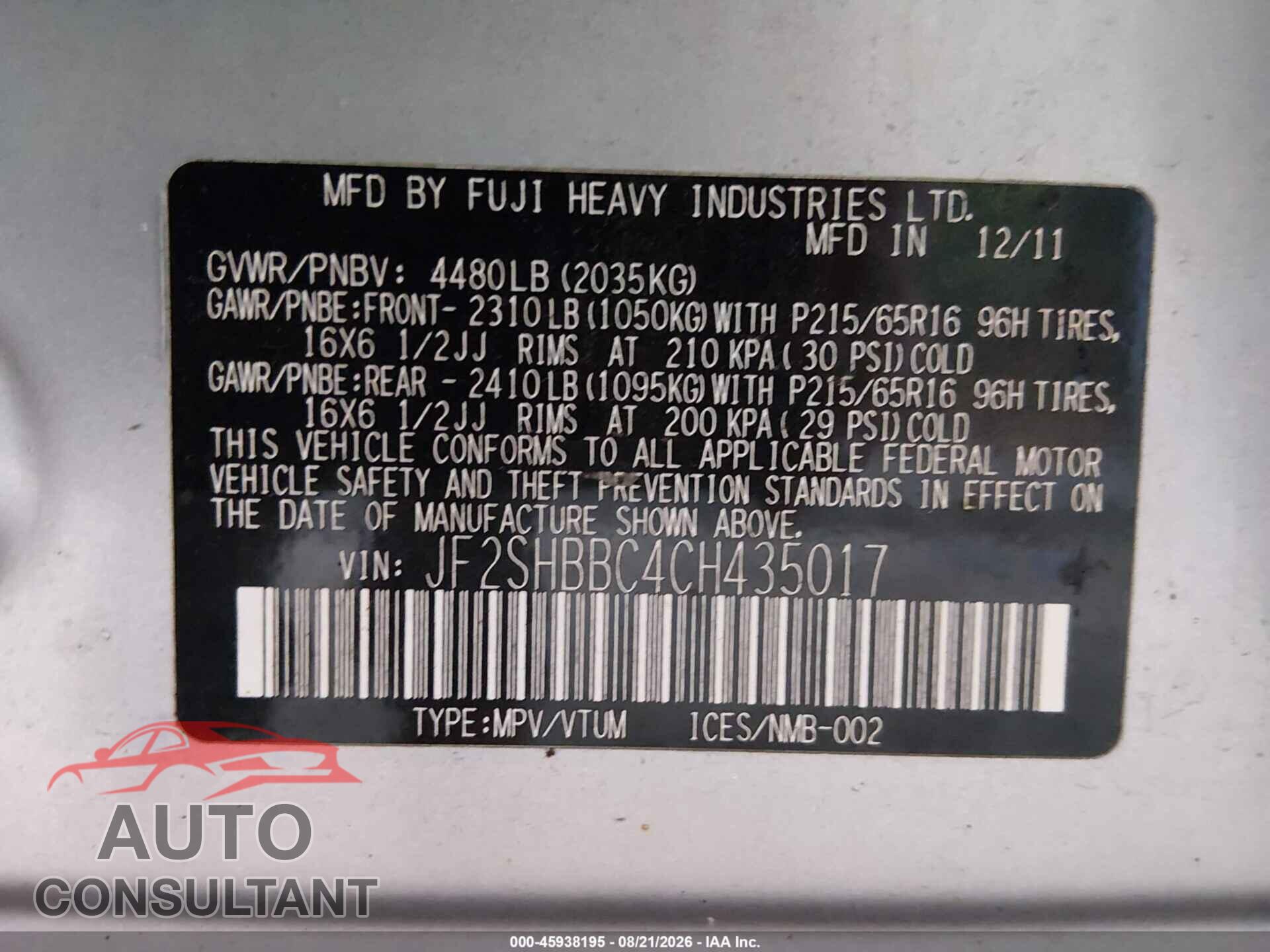 SUBARU FORESTER 2012 - JF2SHBBC4CH435017
