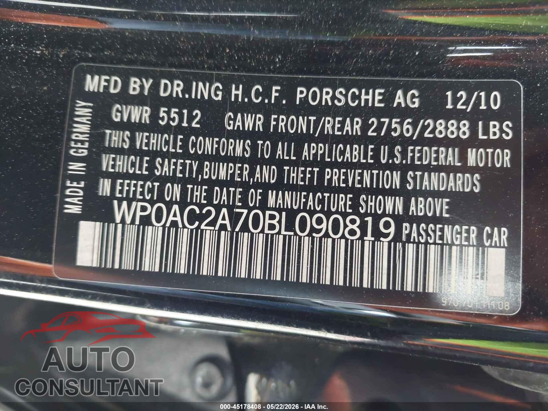 PORSCHE PANAMERA 2011 - WP0AC2A70BL090819