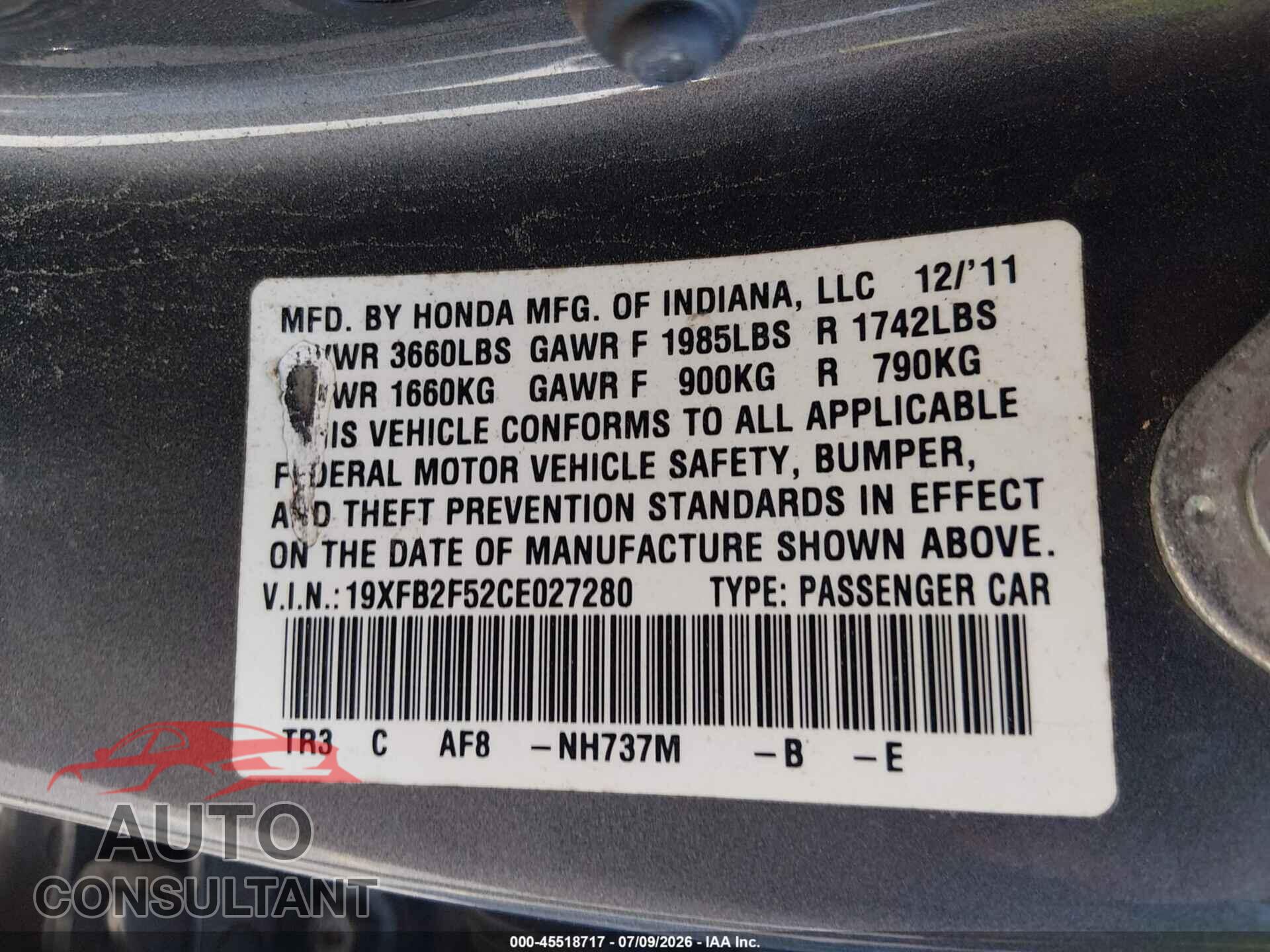 HONDA CIVIC 2012 - 19XFB2F52CE027280