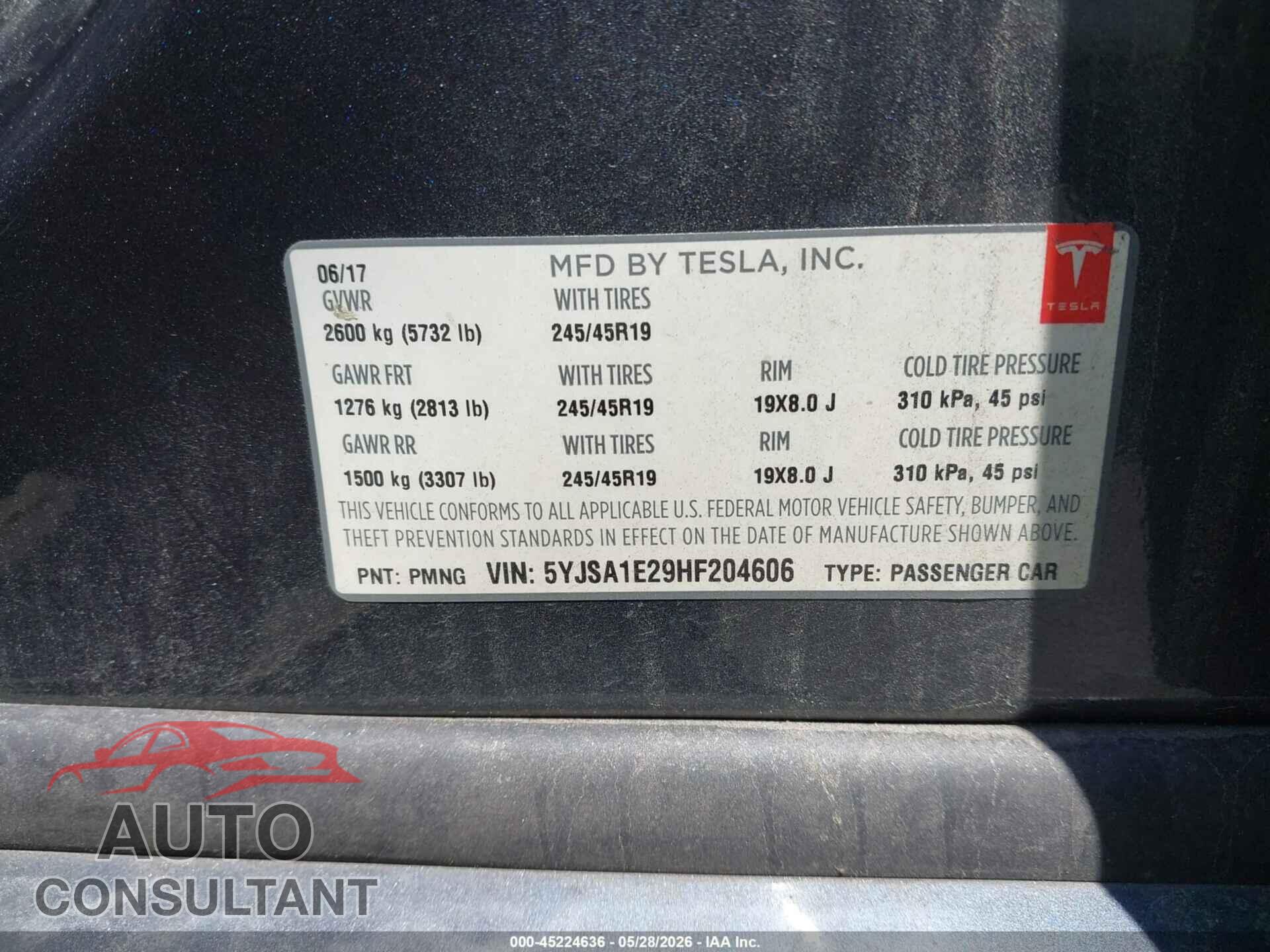 TESLA MODEL S 2017 - 5YJSA1E29HF204606