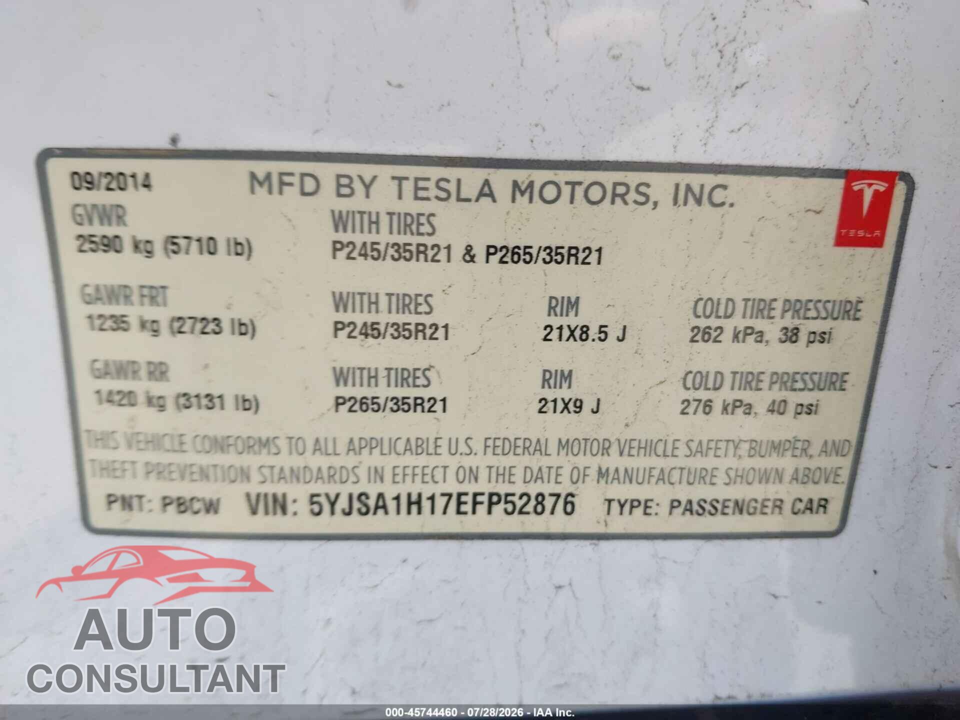 TESLA MODEL S 2014 - 5YJSA1H17EFP52876