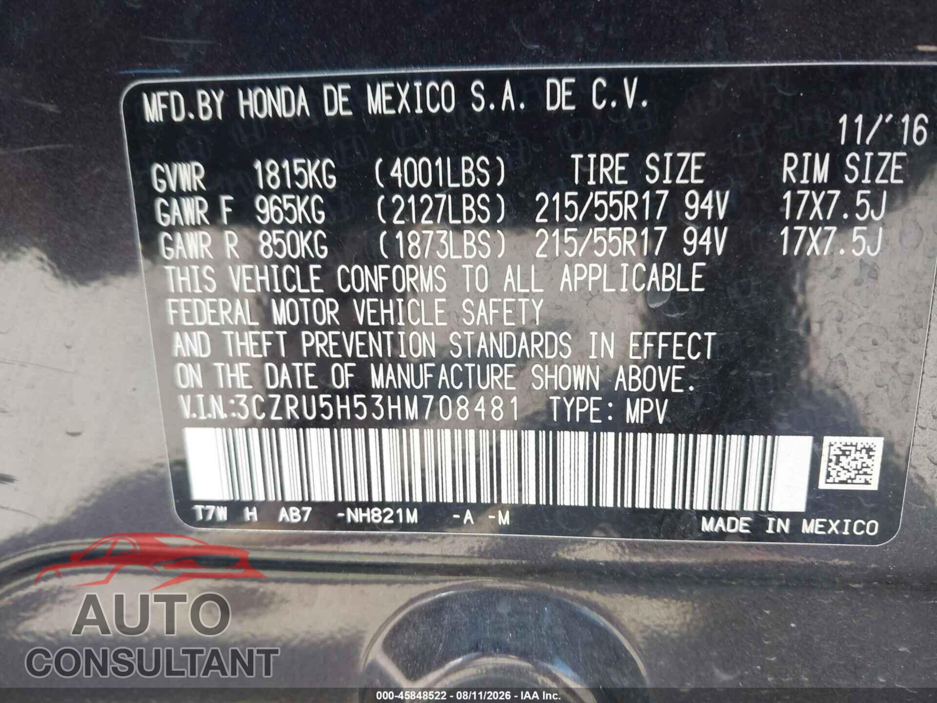 HONDA HR-V 2017 - 3CZRU5H53HM708481