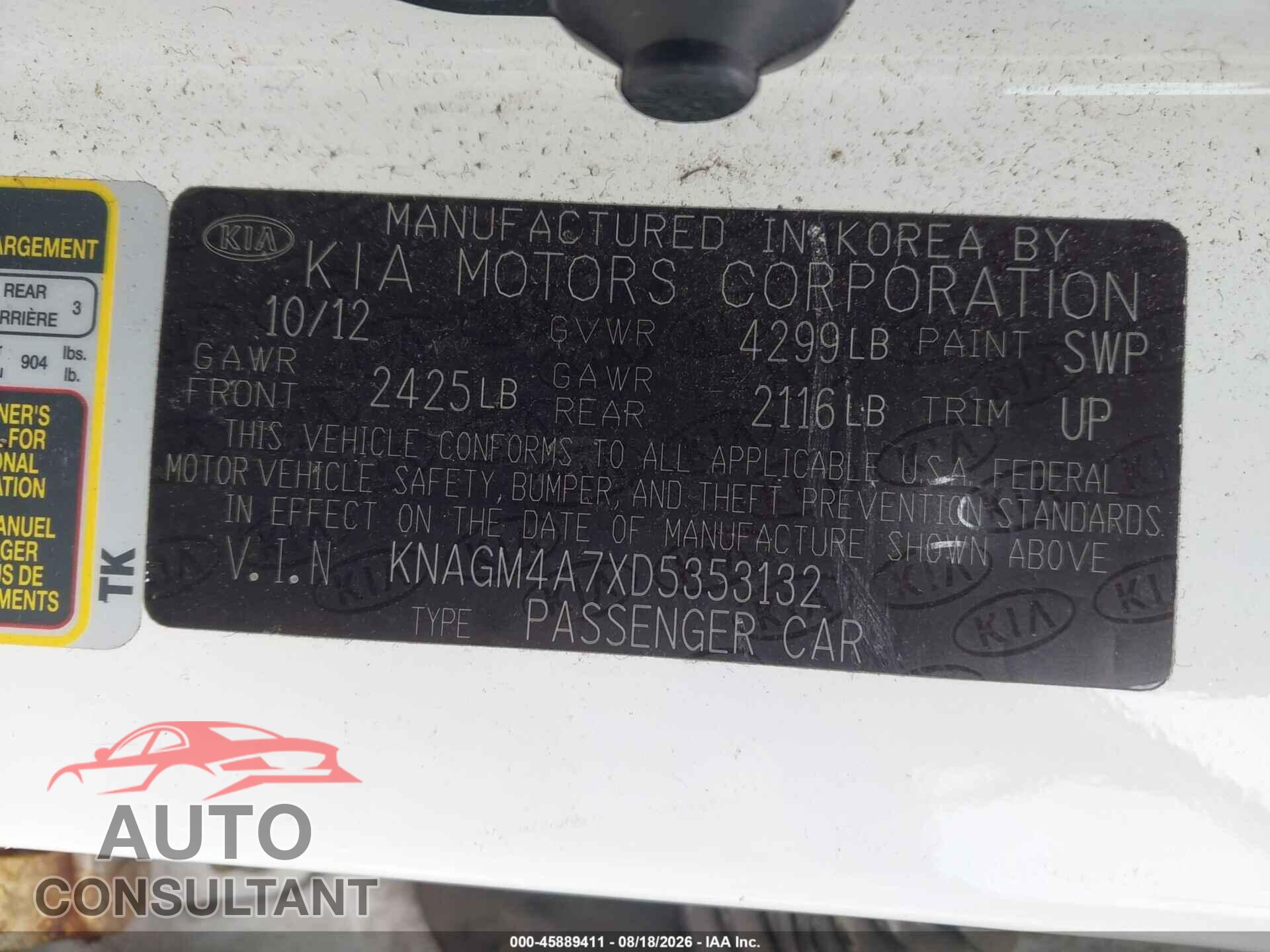 KIA OPTIMA 2013 - KNAGM4A7XD5353132