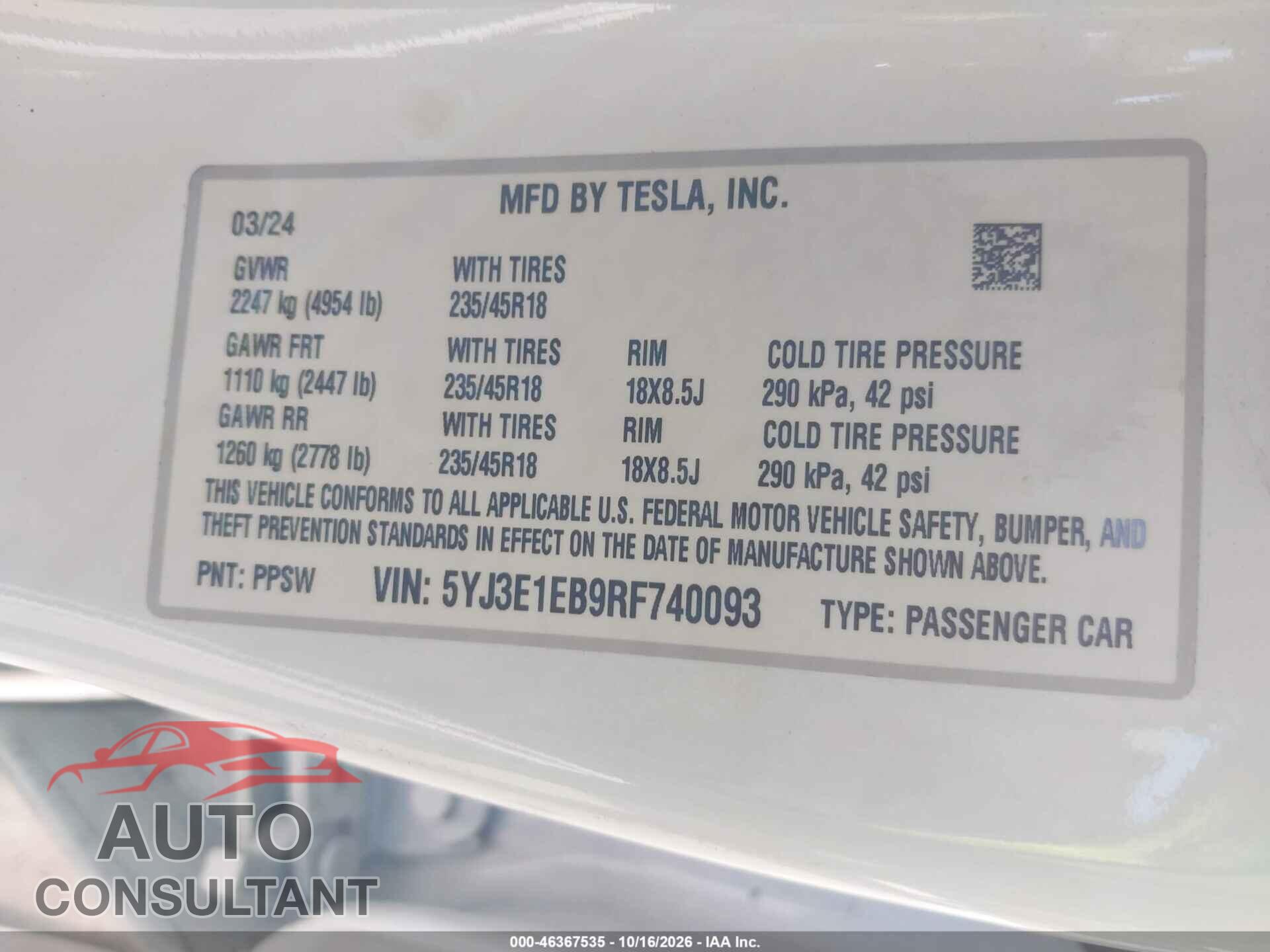 TESLA MODEL 3 2024 - 5YJ3E1EB9RF740093