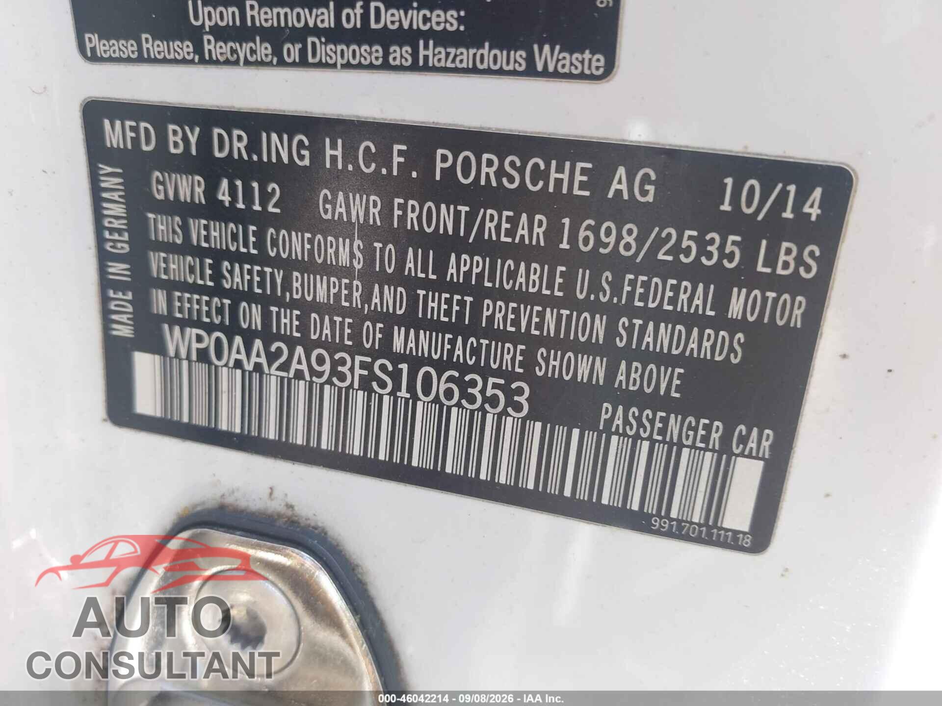 PORSCHE 911 2015 - WP0AA2A93FS106353