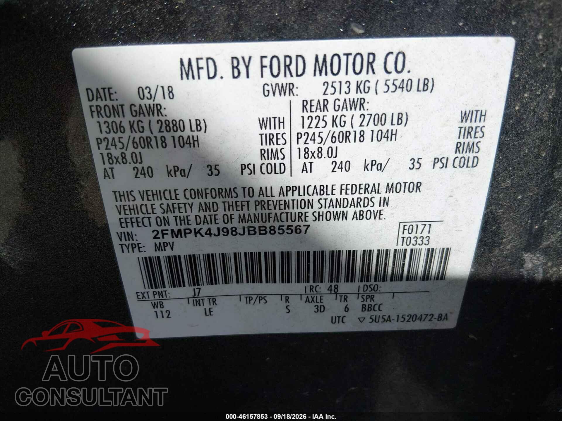 FORD EDGE 2018 - 2FMPK4J98JBB85567