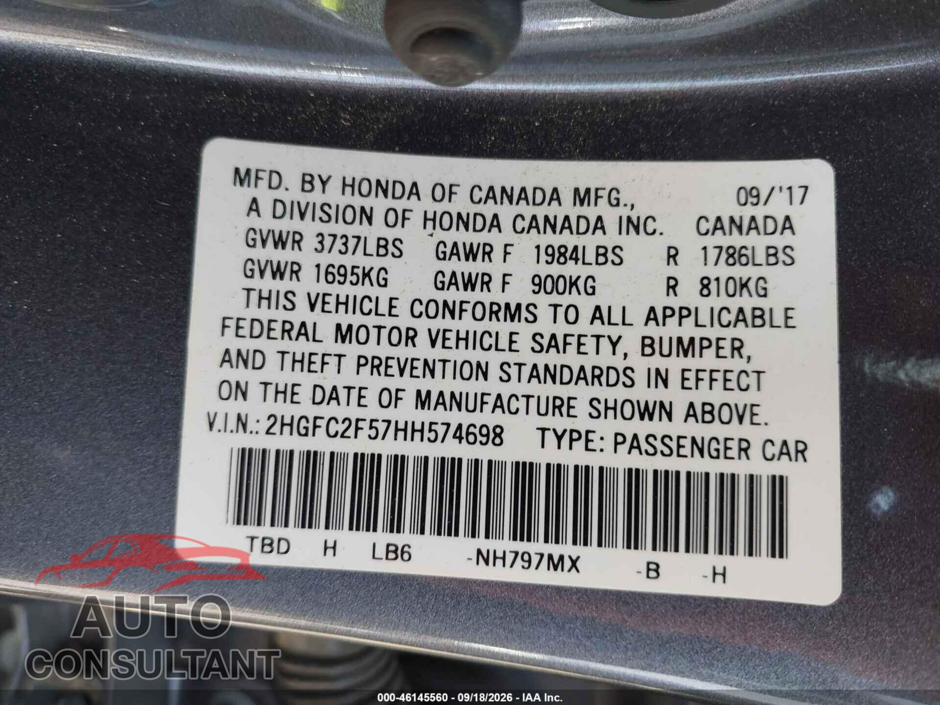HONDA CIVIC 2017 - 2HGFC2F57HH574698