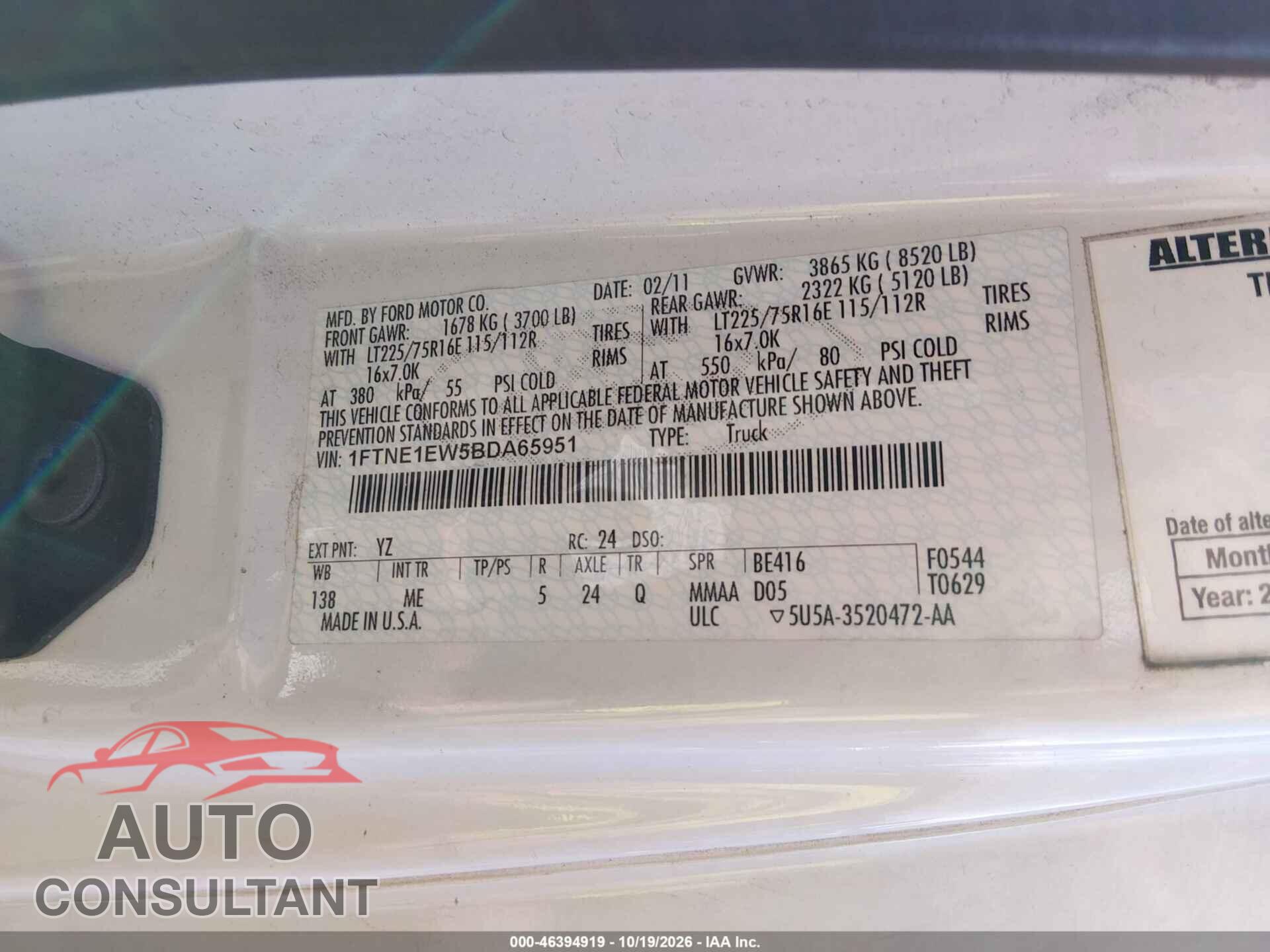 FORD E-150 2011 - 1FTNE1EW5BDA65951