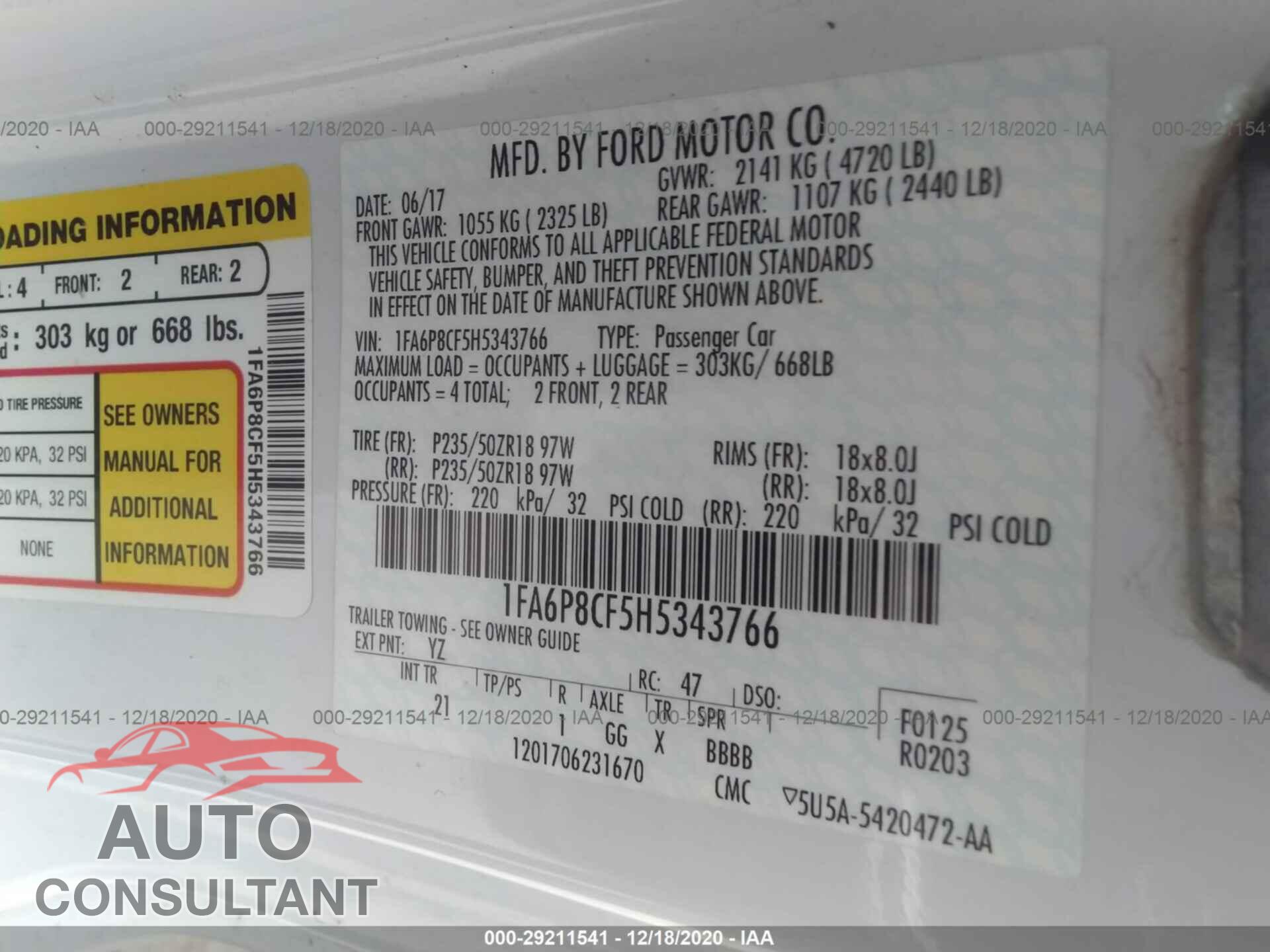 FORD MUSTANG 2017 - 1FA6P8CF5H5343766