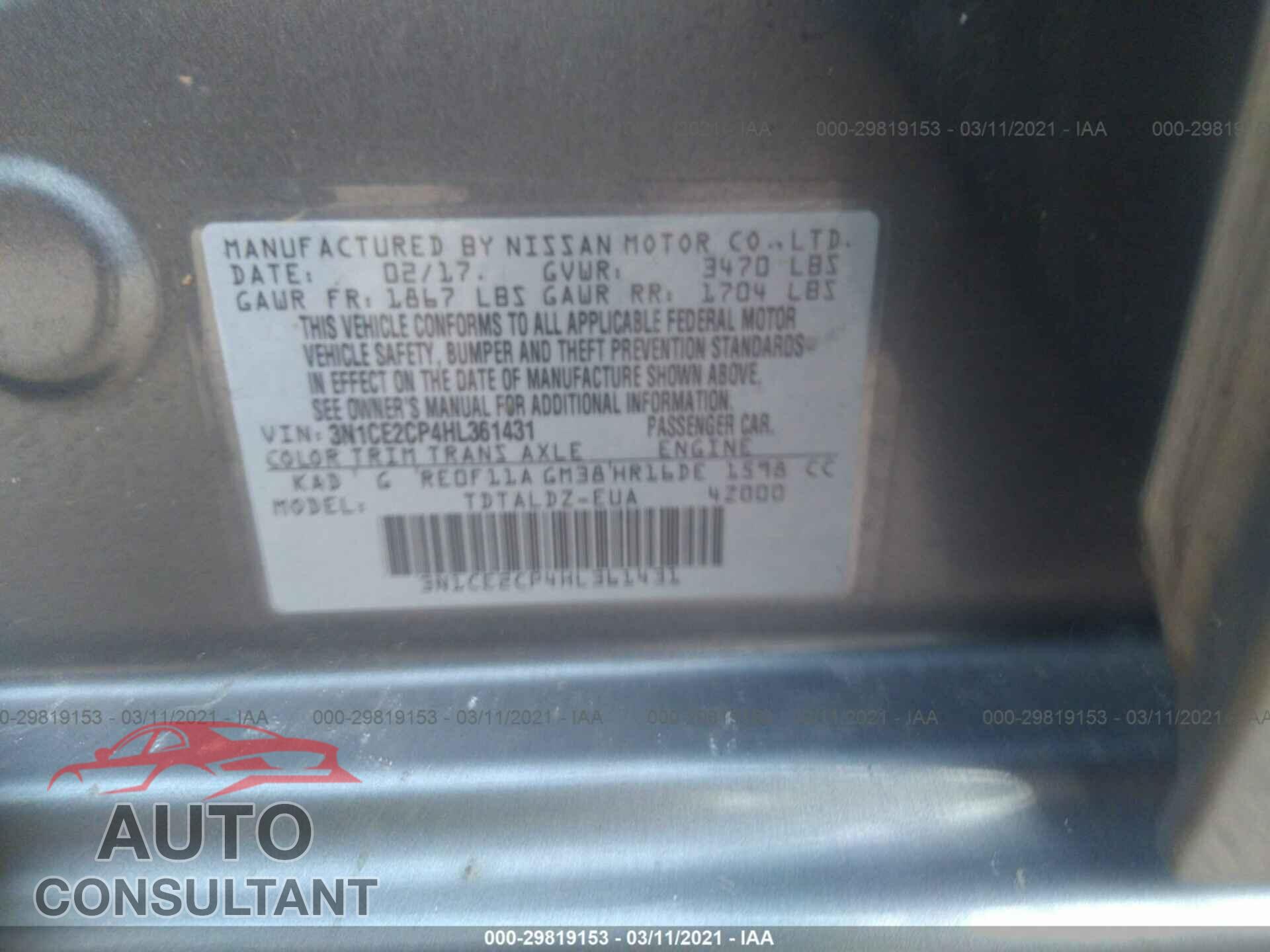 NISSAN VERSA NOTE 2017 - 3N1CE2CP4HL361431