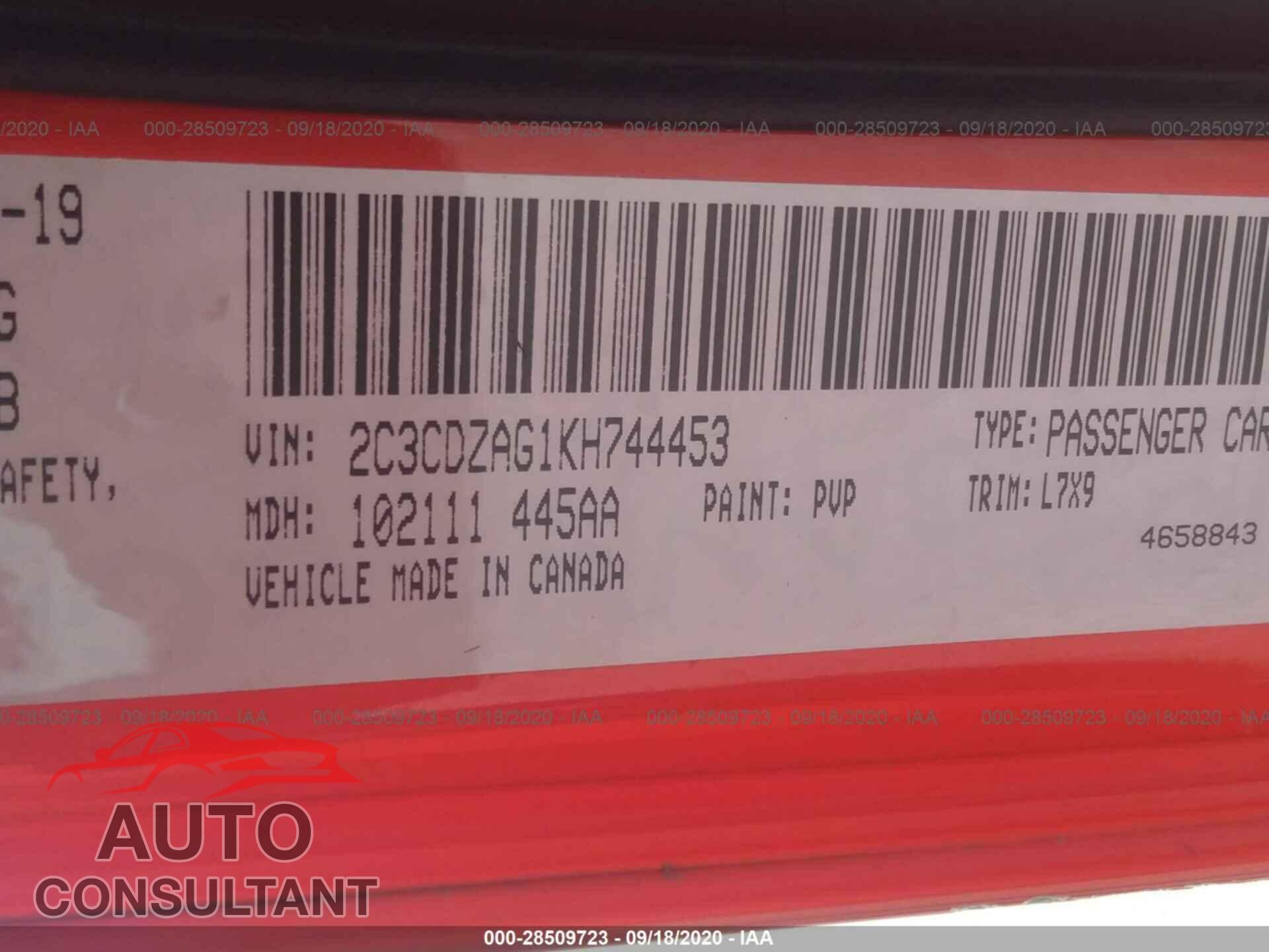 DODGE CHALLENGER 2019 - 2C3CDZAG1KH744453