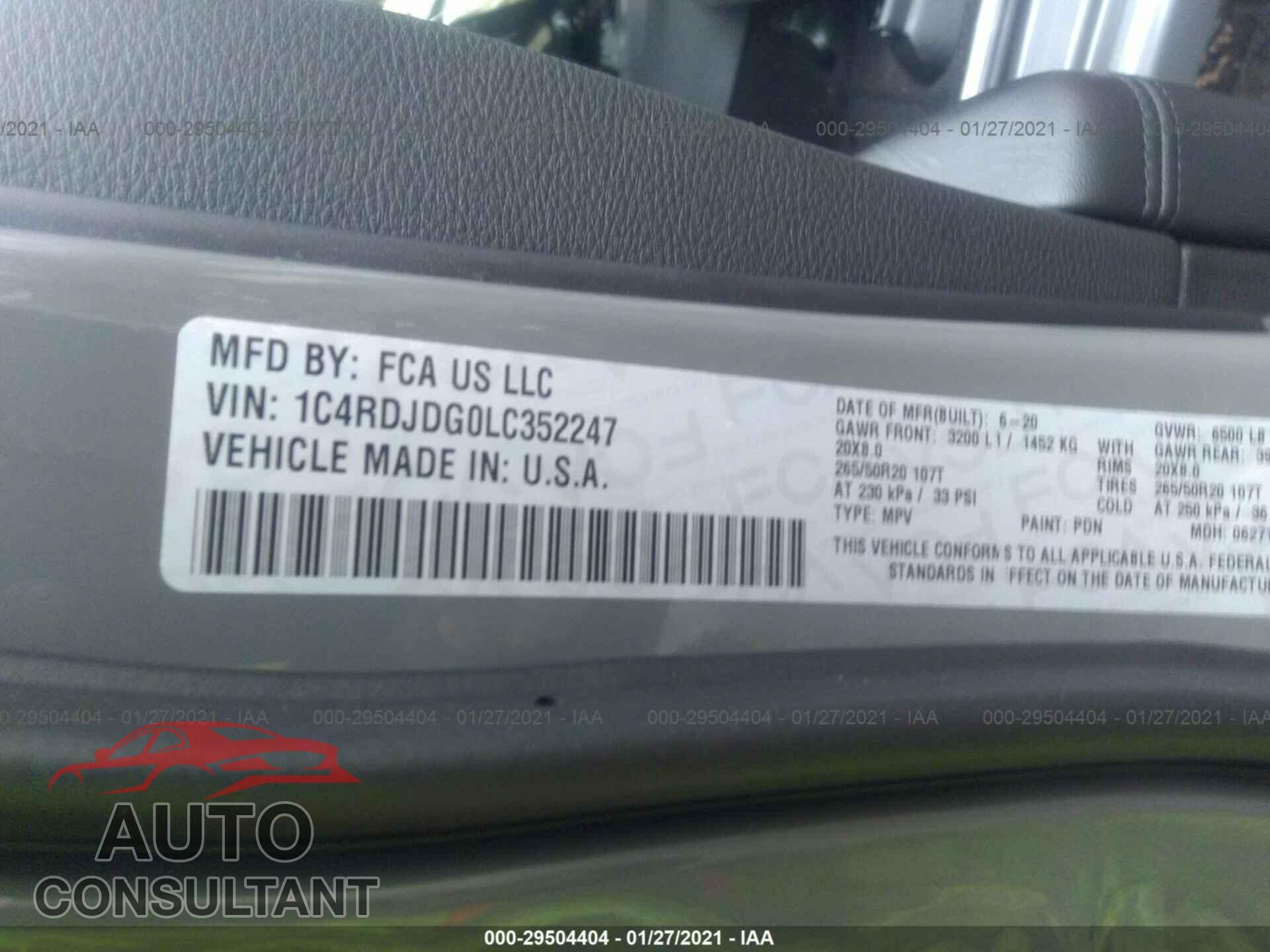 DODGE DURANGO 2020 - 1C4RDJDG0LC352247