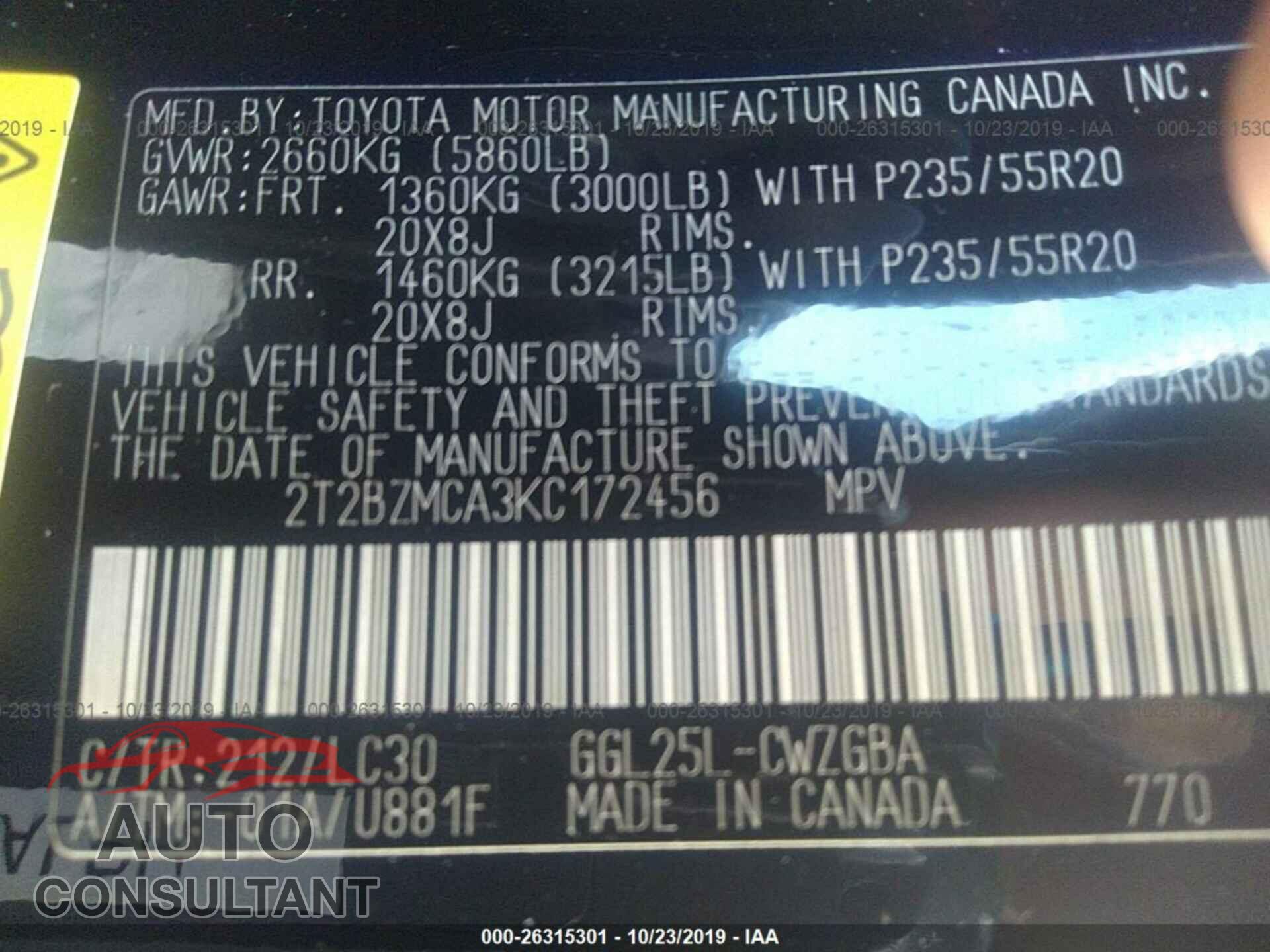 LEXUS RX 2019 - 2T2BZMCA3KC172456