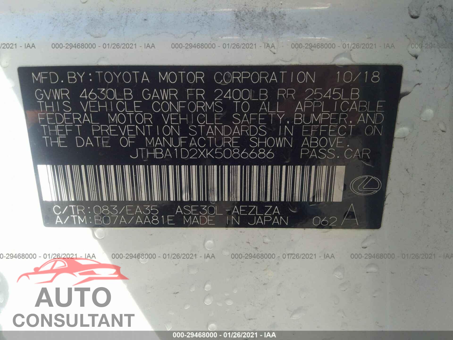 LEXUS IS 2019 - JTHBA1D2XK5086686
